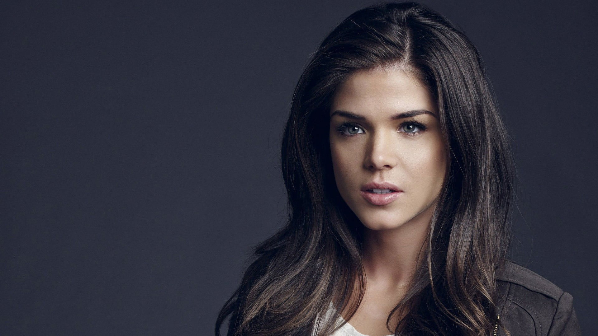 young adult, headshot, black background, brown hair, 1080P, brunette, women, hairstyle, beautiful woman, front view, human face, long hair, serious, Marie Avgeropoulos, HD Wallpaper