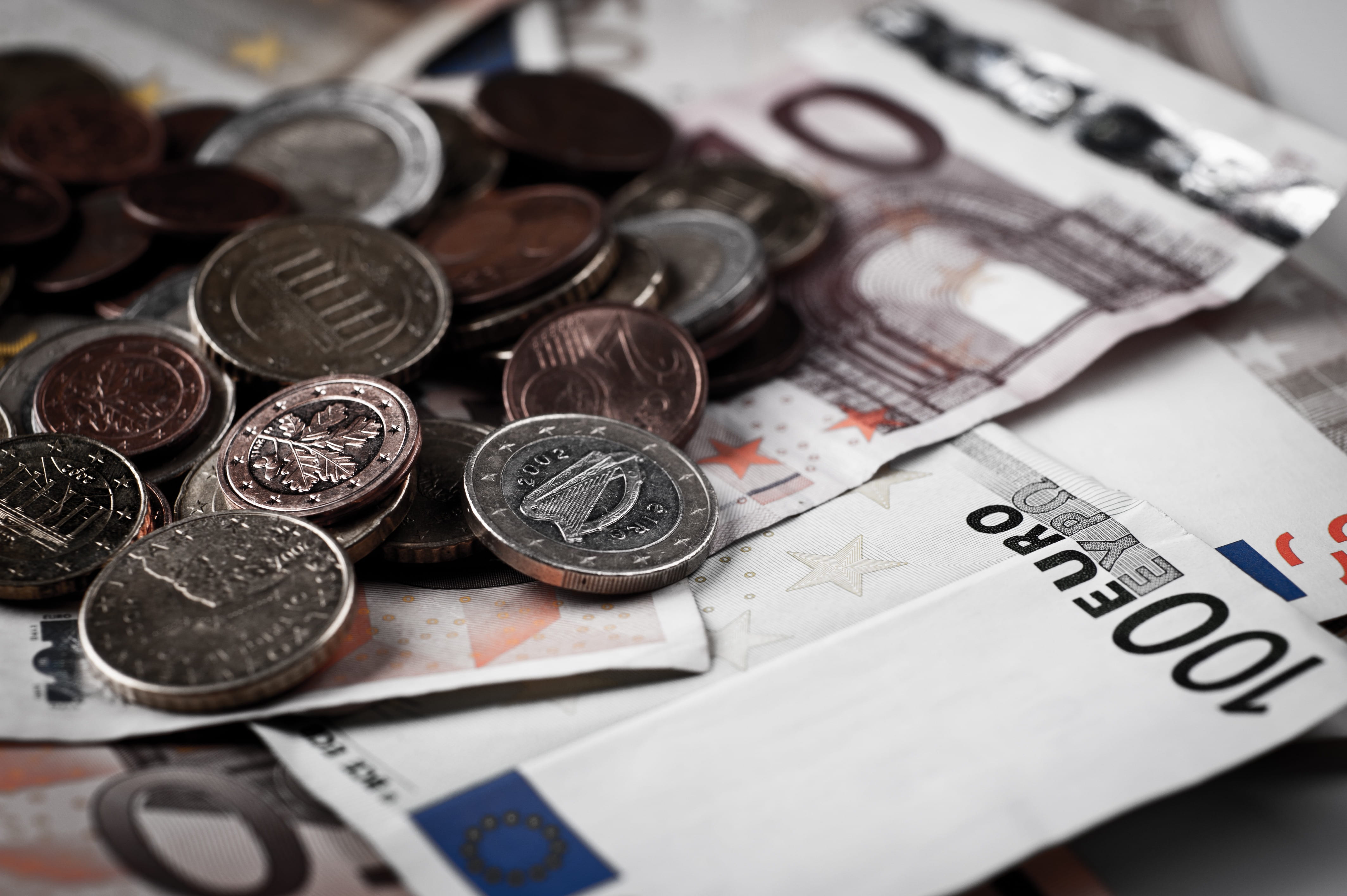 euro, studio shot, still life, banknote, exchange rate, minor, coin, business, silver colored, economy, no people, large group of objects, collection, wealth, HD Wallpaper