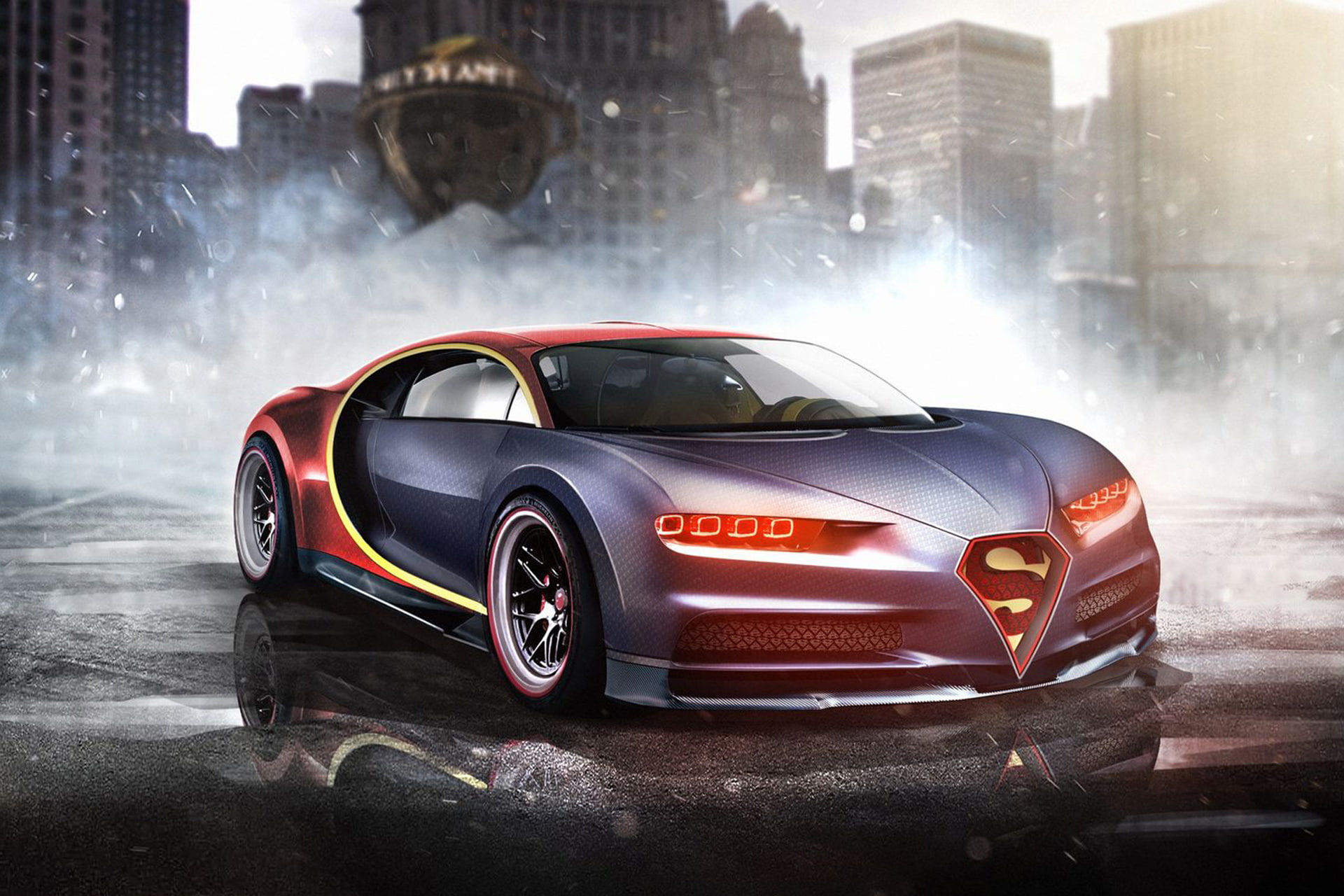 Bugatti Chiron, Superman, superhero, DC Superheroes, auto, Bugatti, Marvel, 1080P, HD Wallpaper