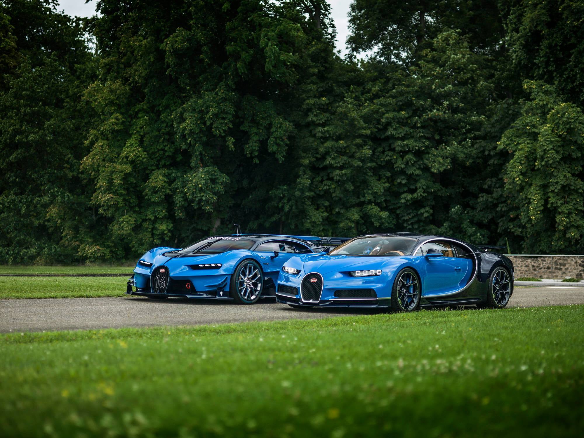 blue, green color, grass, land vehicle, Vision, transportation, outdoors, sport, field, Bugatti, no people, stationary, plant, Gran Turismo, lawn, cars, HD Wallpaper