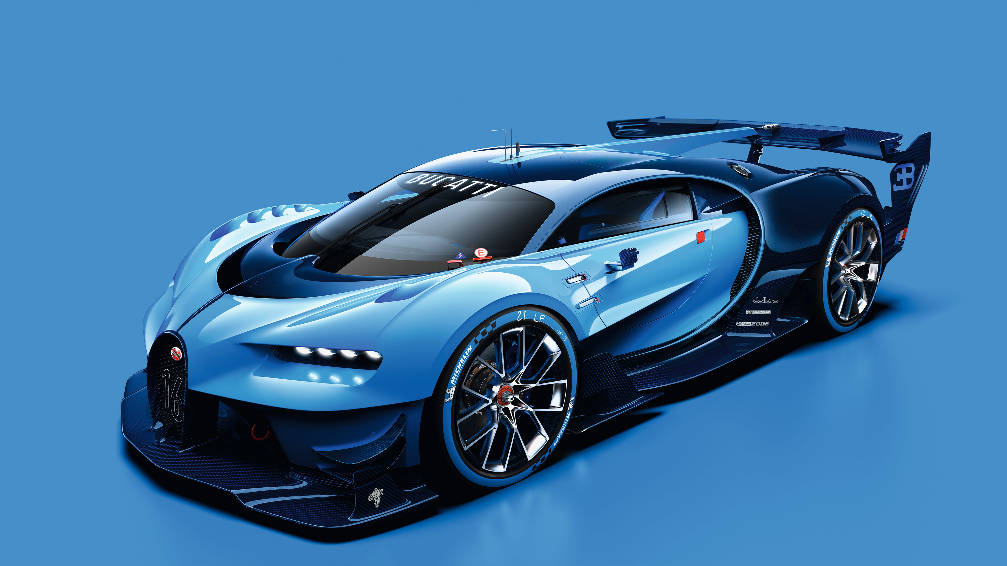 racecar, sports car, Vision, Bugatti, mode of transportation, silver colored, colored background, indoors, coupe, black, blue, chiron, luxury, HD Wallpaper