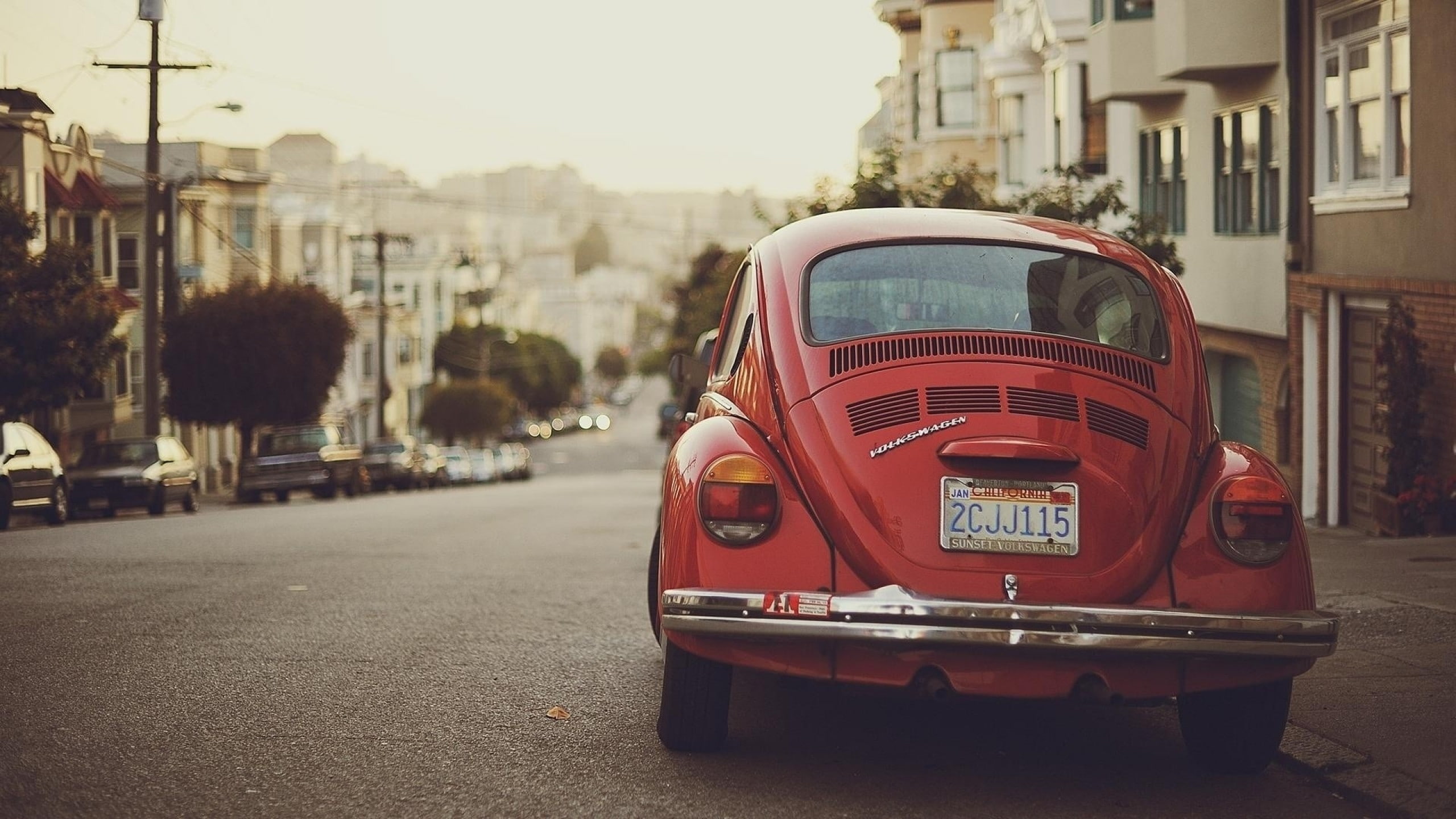 red, beige, Volkswagen Beetle, rear view, street, Volkswagen, California, 2K, house, USA, red cars, vintage, road, car, vehicle, HD Wallpaper