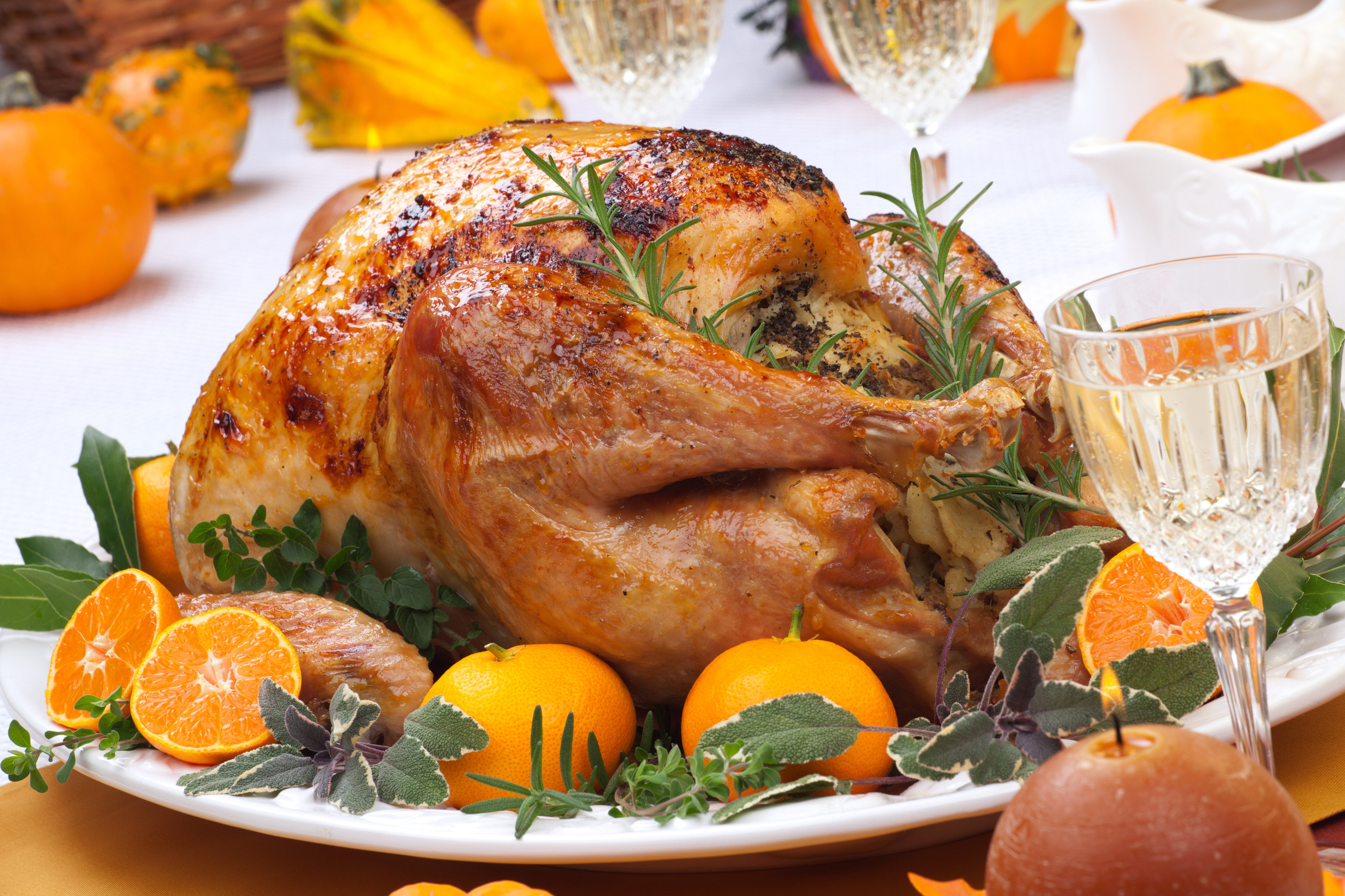 food, table, candle, chicken, tangerines, Turkey, rosemary, gala dinner, 5K, HD Wallpaper