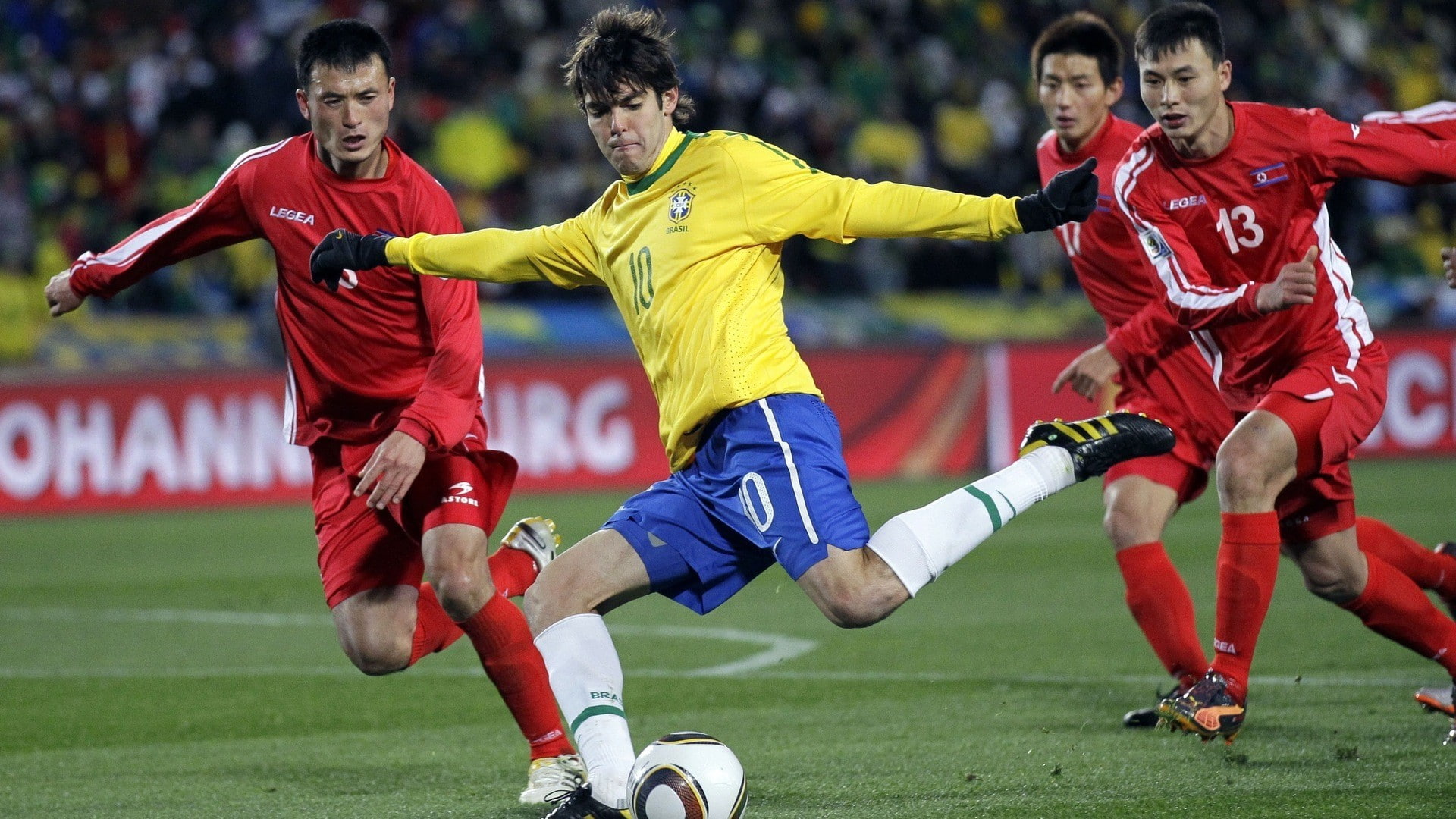 soccer player, clothing, sports uniform, soccer field, red, 1080P, group of people, sport, Kaká, playing, motion, Brazil, soccer ball, athlete, team sport, HD Wallpaper