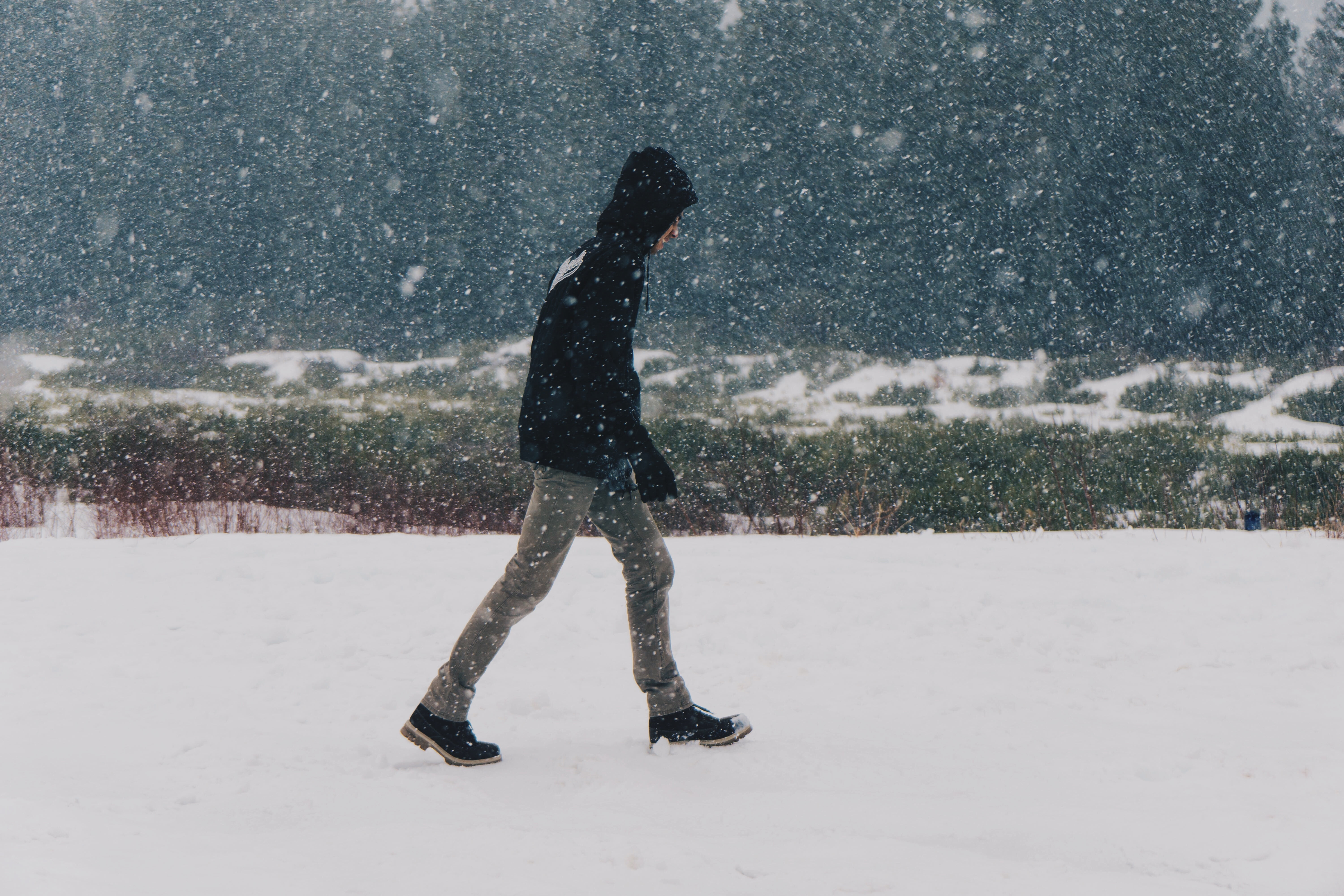 people, lifestyles, cold temperature, day, cold, weather, hoodie, 5K, one person, outdoors, clothing, hood, motion, standing, snowy, jacket, coat, real people, HD Wallpaper
