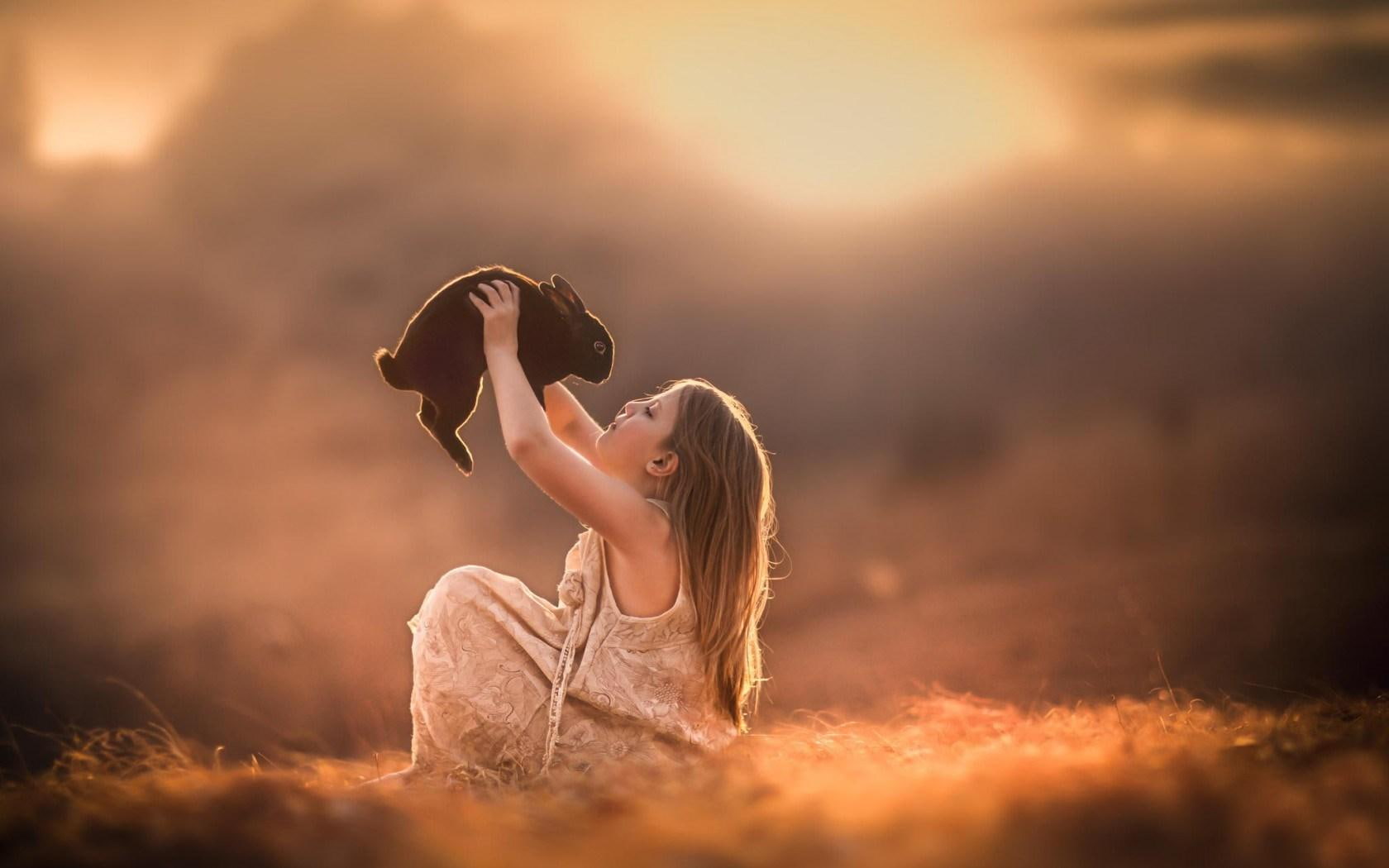 720P, girl, child, rabbit, mood, black, HD Wallpaper