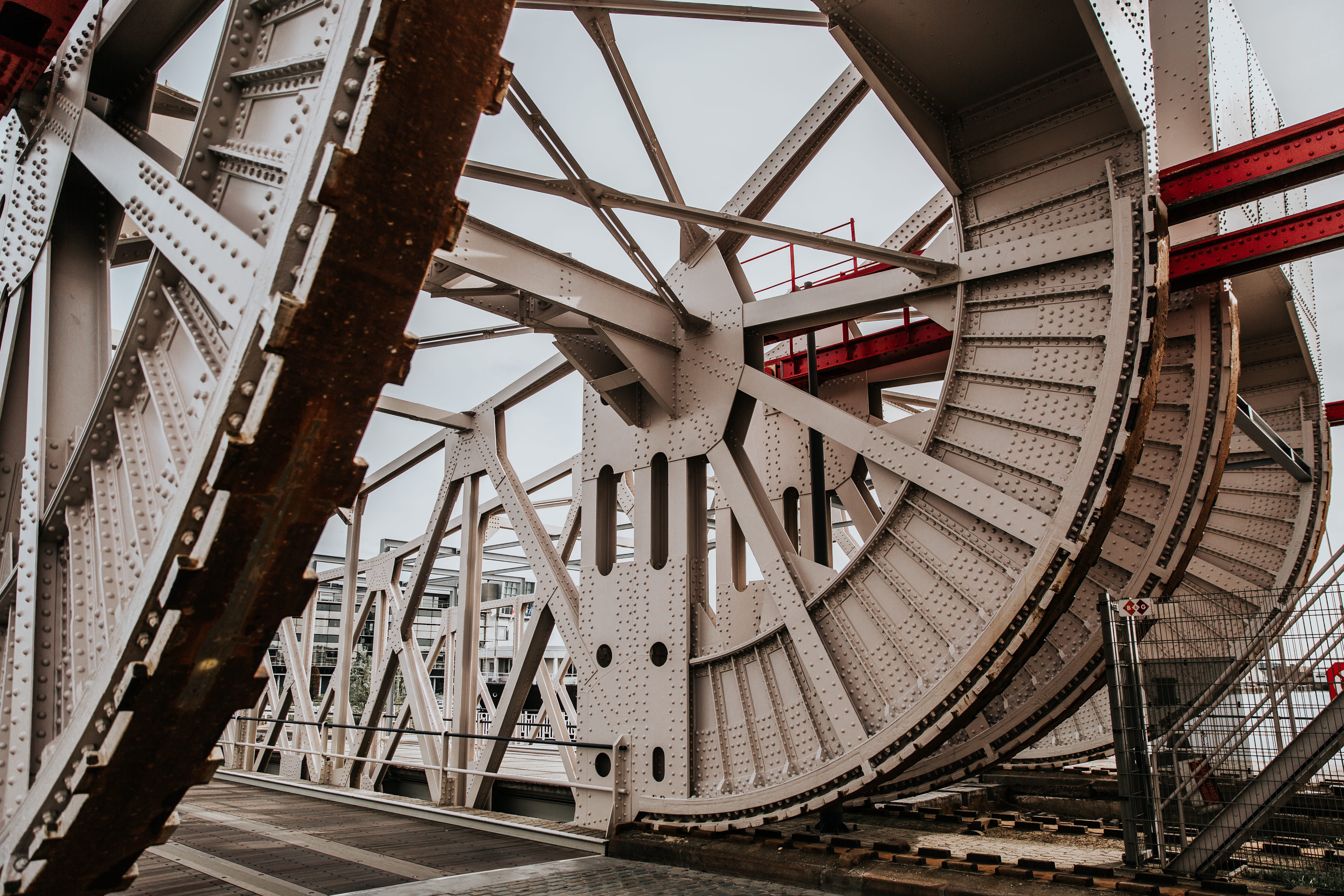 drawbridge, rail transportation, steel, city, nature, handrail, railing, outdoors, sky, building exterior, 5K, window, machinery, antwerp, bridge, travel destinations, HD Wallpaper