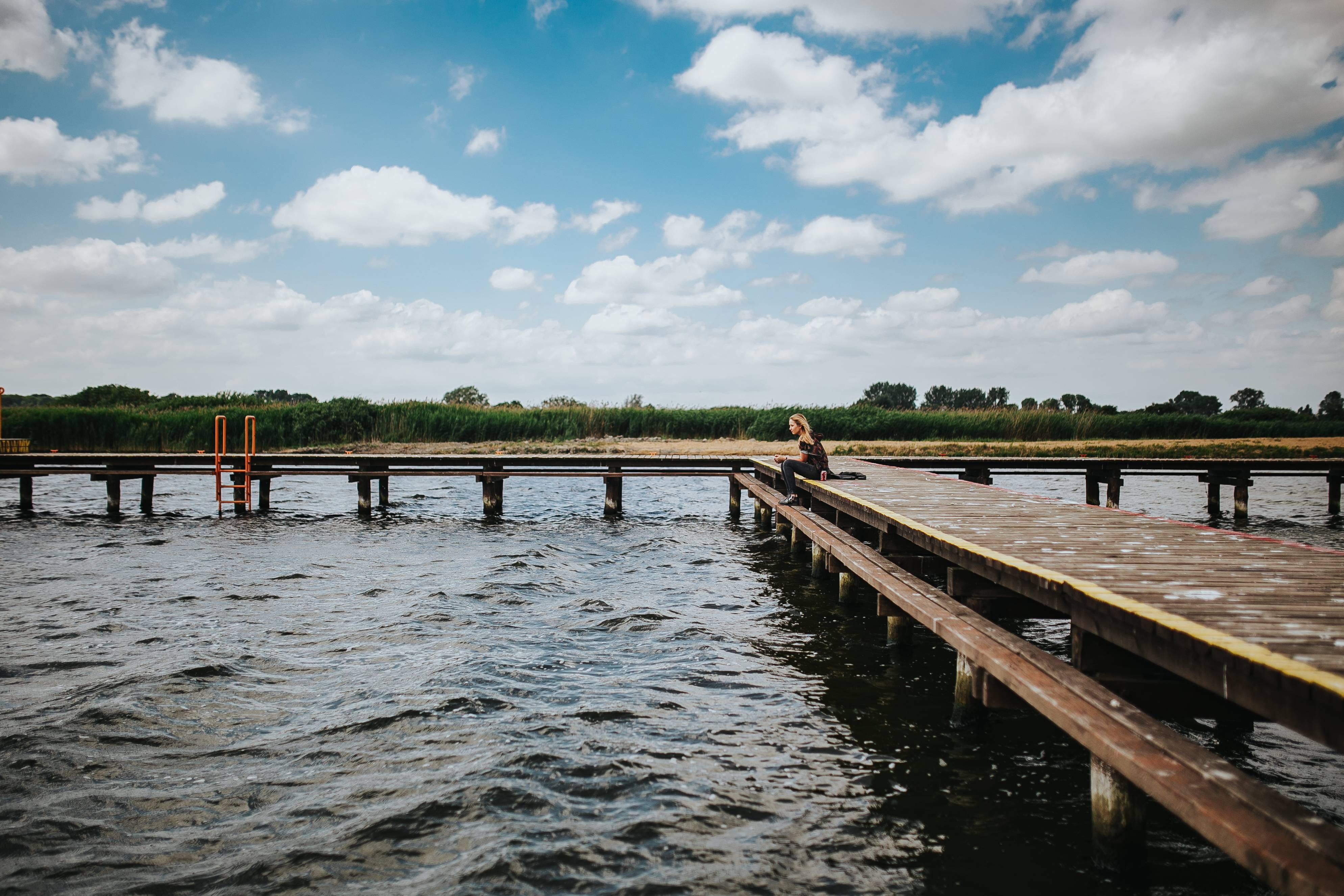 day, by the lake, beauty in nature, Beautiful, wood - Material, pretty, cloud - sky, wooden pier, reflection, jetty, scenics - nature, lake, girl, architecture, HD Wallpaper