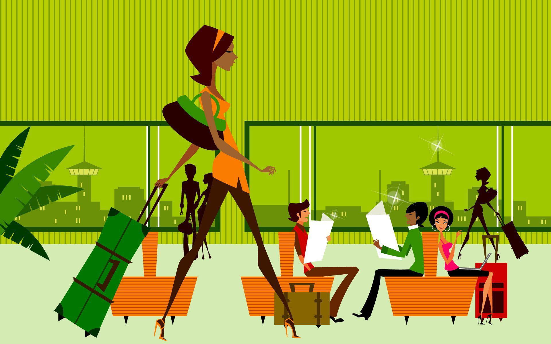 graphic, green, orange, woman, 1080P, dress, holding, luggage, 1920x1200, airport, vector, HD Wallpaper