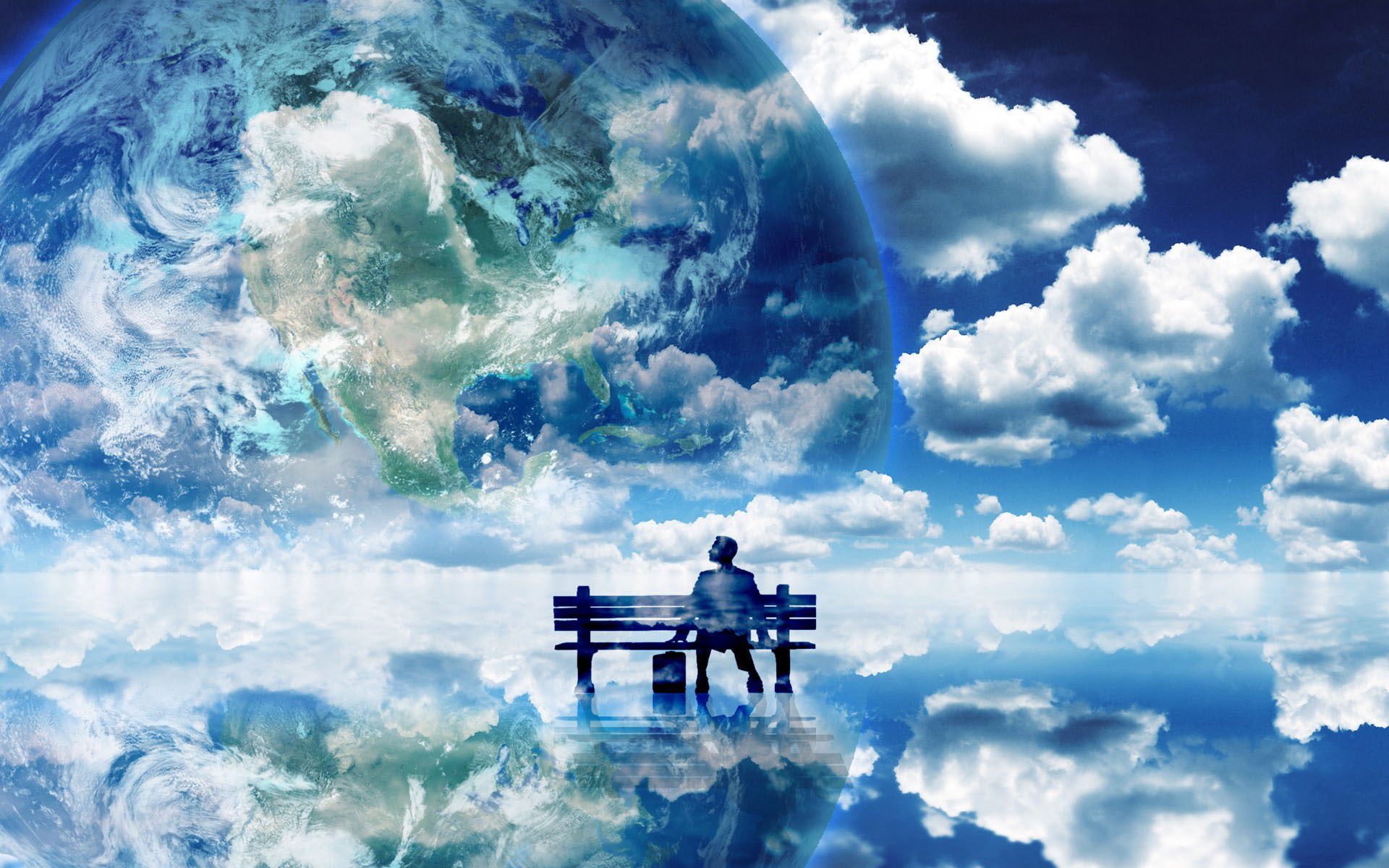 cloudscape, opportunity, day, flying, contemplation, rear view, composite image, Soul, people, adult, planet - Space, Heaven, backgrounds, nature, Bench, HD Wallpaper