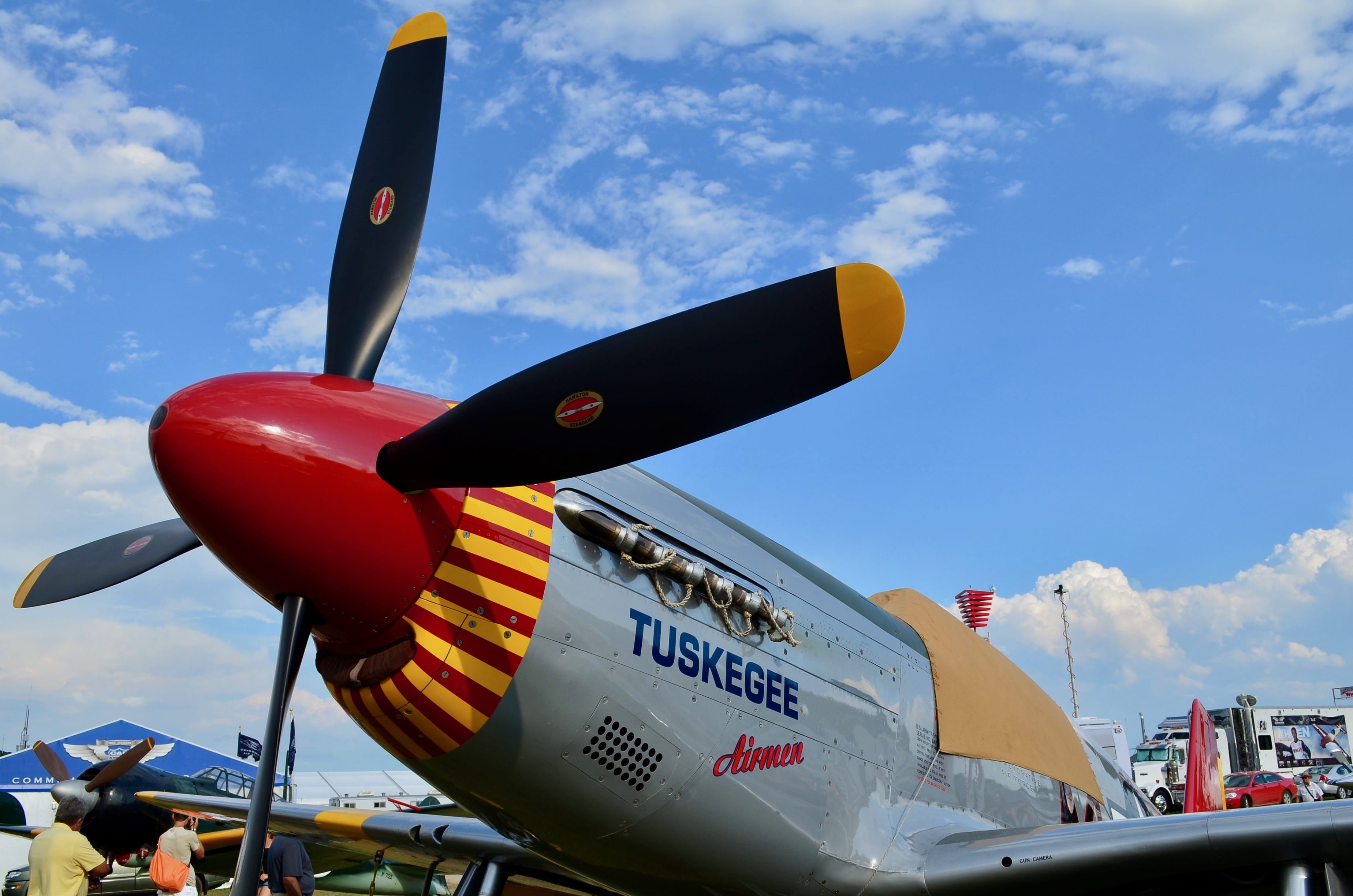 Tuskegee, mid-air, travel, commercial Airplane, aircraft Wing, mode of Transport, 2K, text, propeller, military, day, airport, airplane, nature, no people, HD Wallpaper