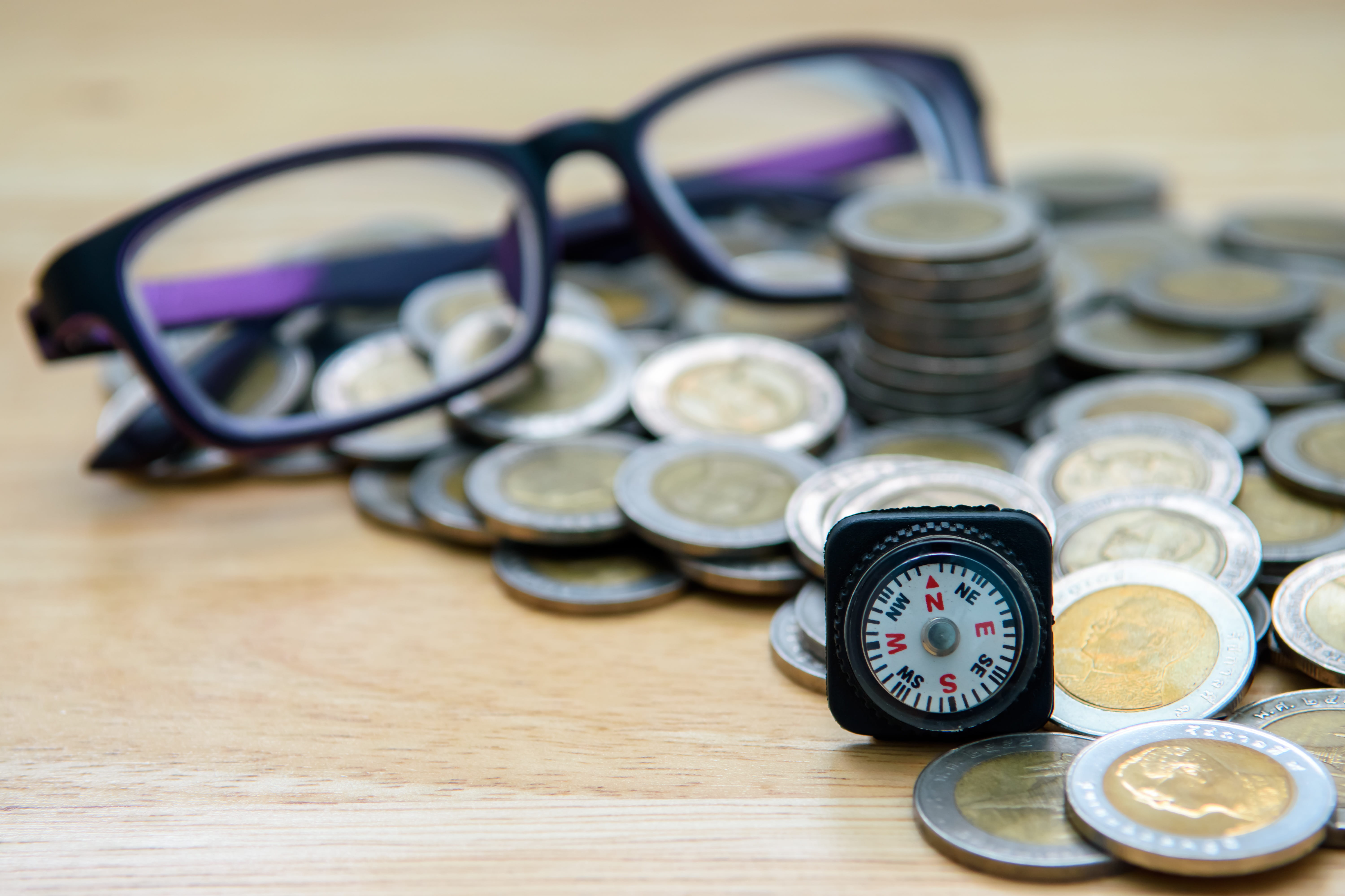 ten-baht coin, plan, medical equipment, number, eyewear, usd, wealth, compass, the baht, finance, table, silver, coin, still life, indoors, business, selective focus, HD Wallpaper