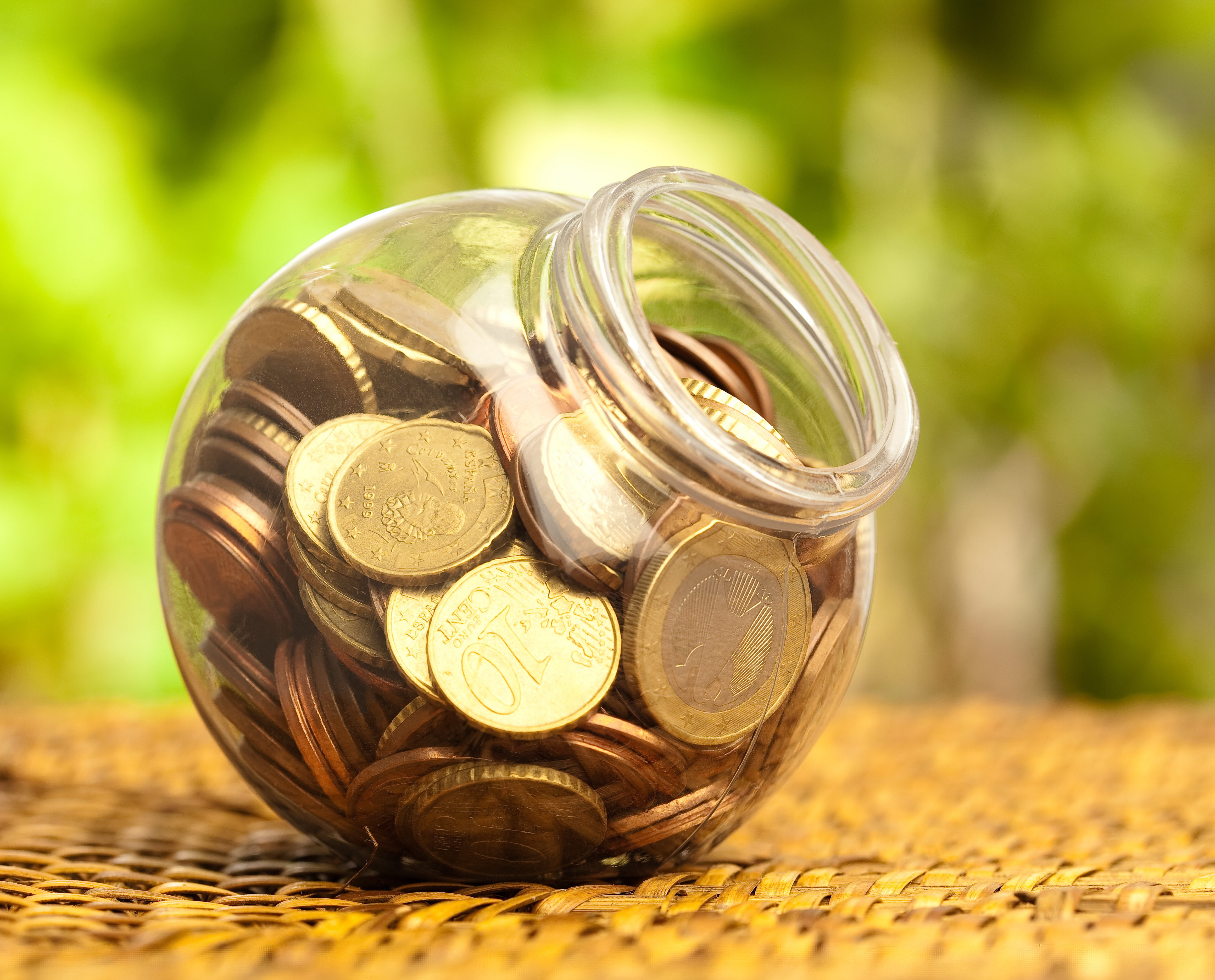 Bank, day, glass - material, gold colored, currency, table, assorted, jar, money, transparent, focus on foreground, blur, 4K, collection, finance, wealth, HD Wallpaper