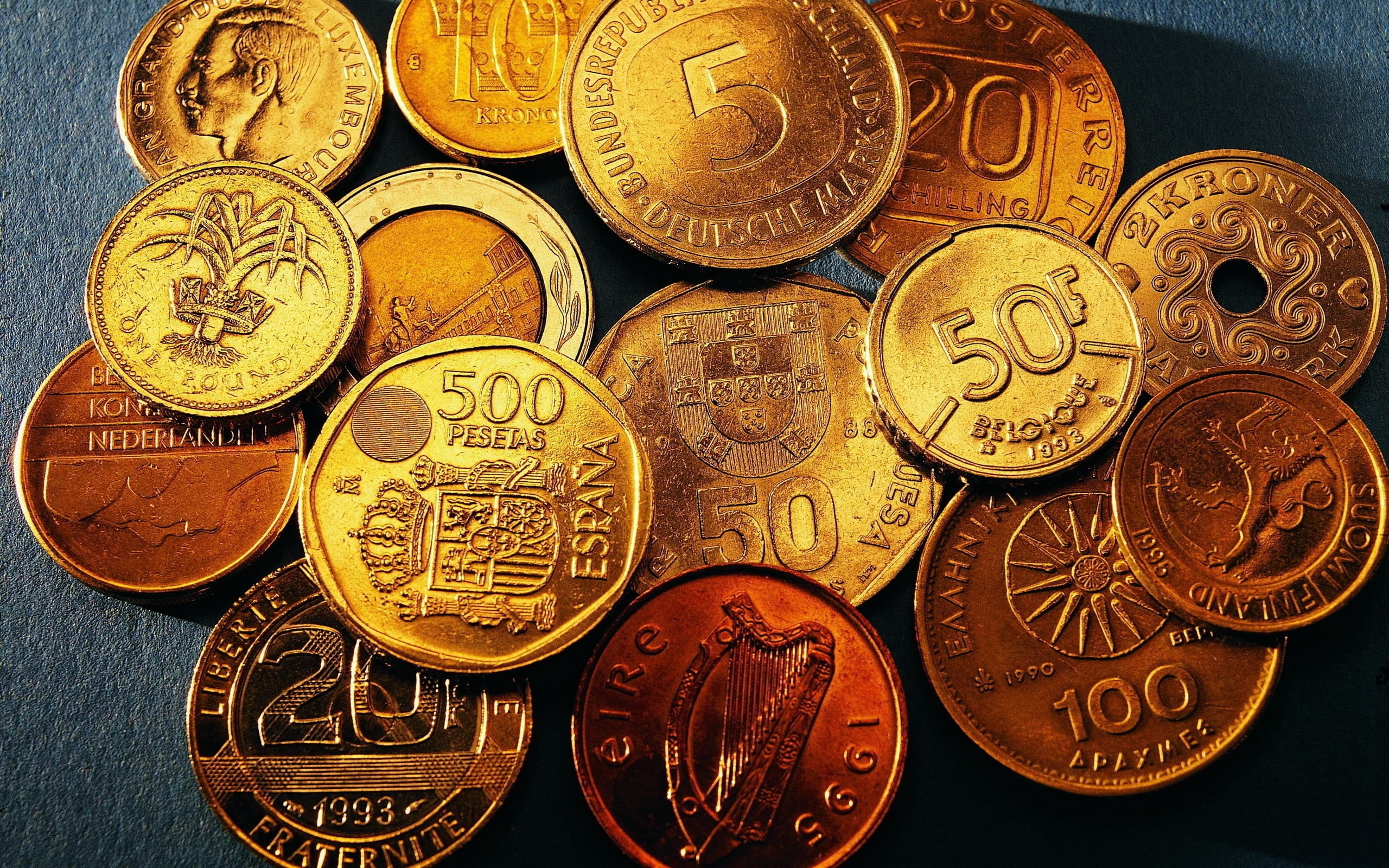 business, metal, Coins, Denomination, gold colored, variation, Different, animal representation, indoors, geometric shape, high angle view, Money, close-up, HD Wallpaper