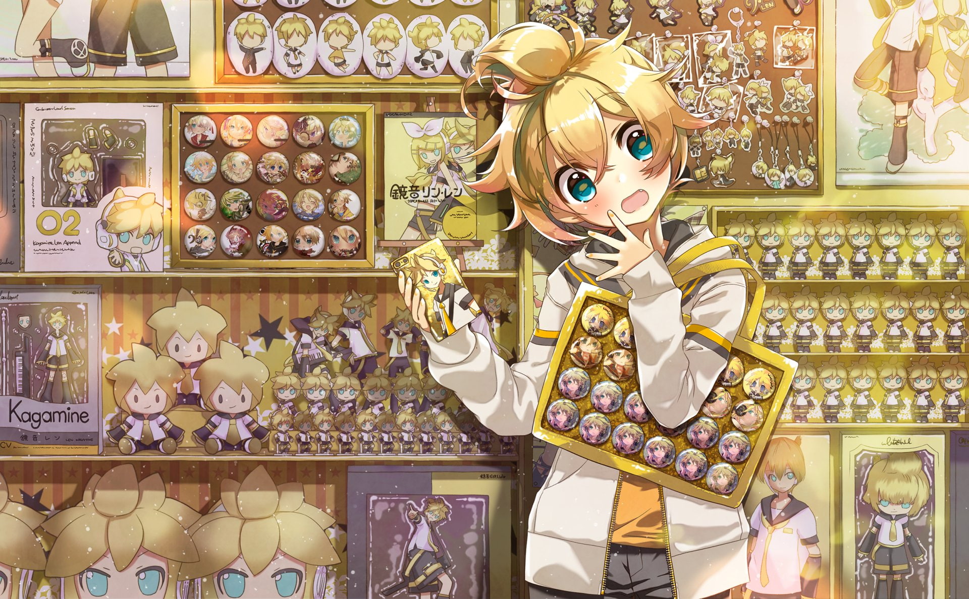 display cabinet, for sale, Len Kagamine, Anime, choice, 1080P, retail display, human representation, indoors, sale, abundance, gold colored, large group of objects, HD Wallpaper