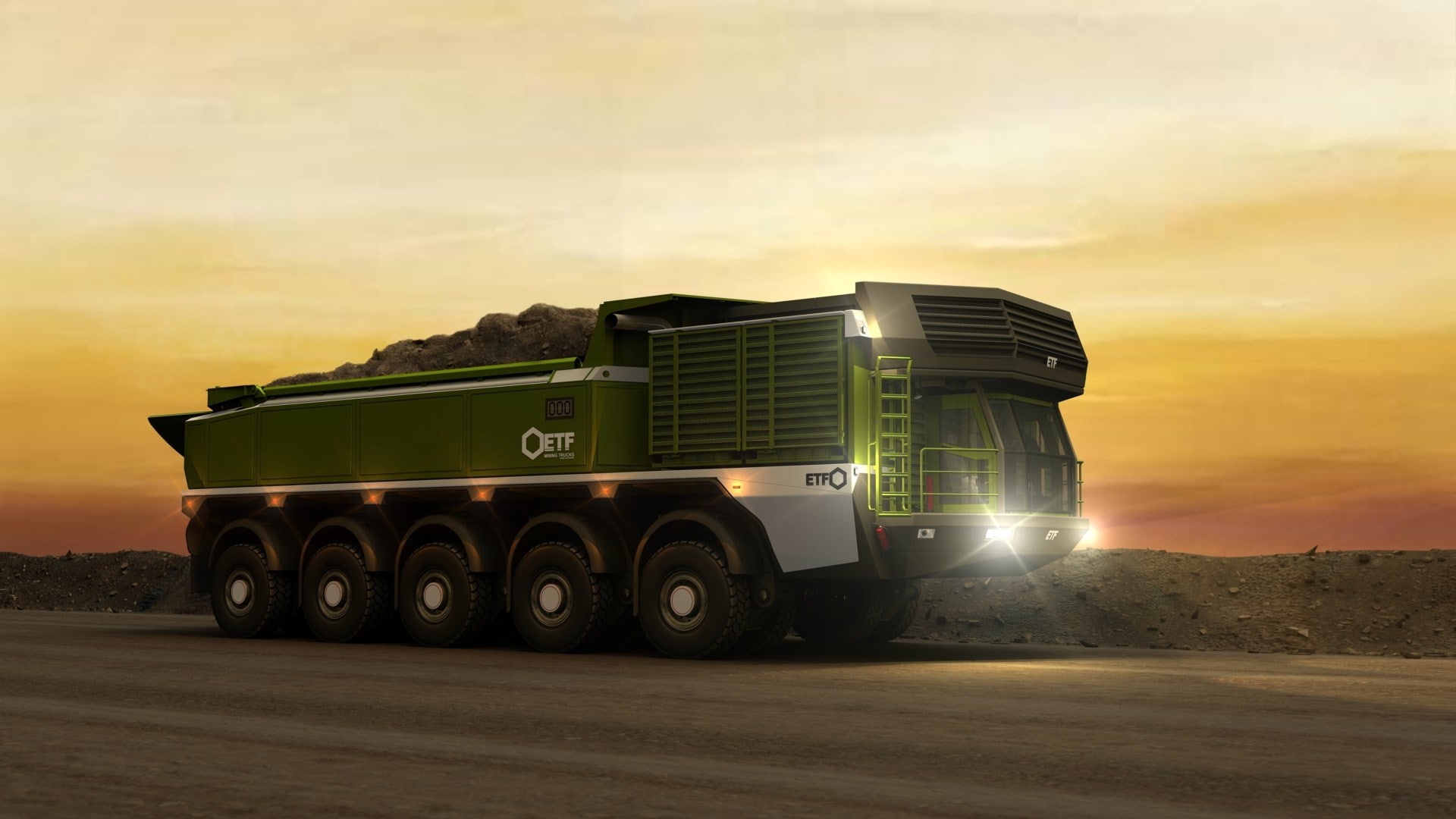 motor vehicle, speed, environment, no people, motion, mode of transportation, on the move, road trip, sunset, semi-truck, sky, tire, truck, road, etf mt 240 mining truck, HD Wallpaper