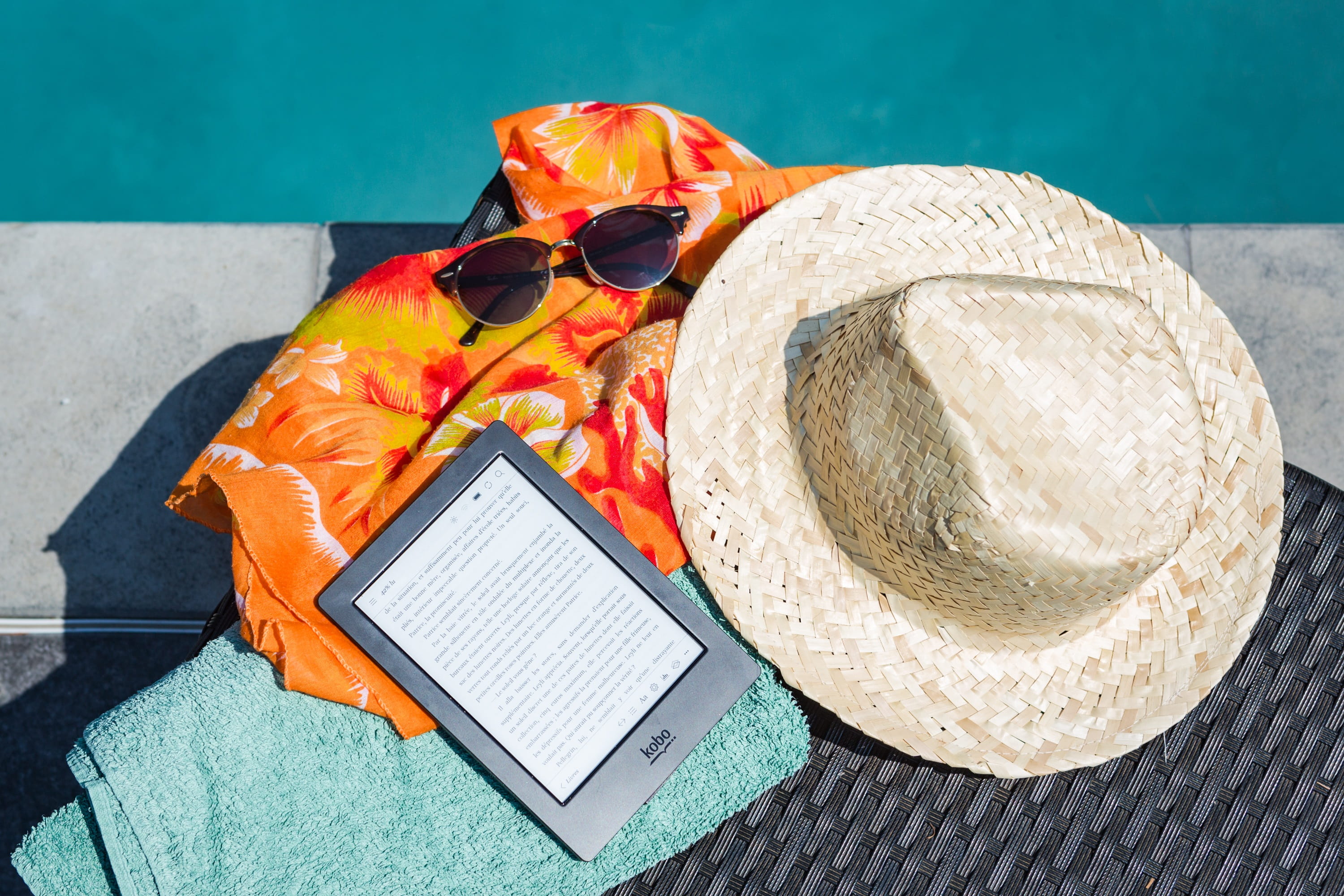 swimming pool, table, clothing, glasses, food and drink, hat, computer, relaxation, healthy eating, wireless technology, still life, holiday, outdoors, HD Wallpaper