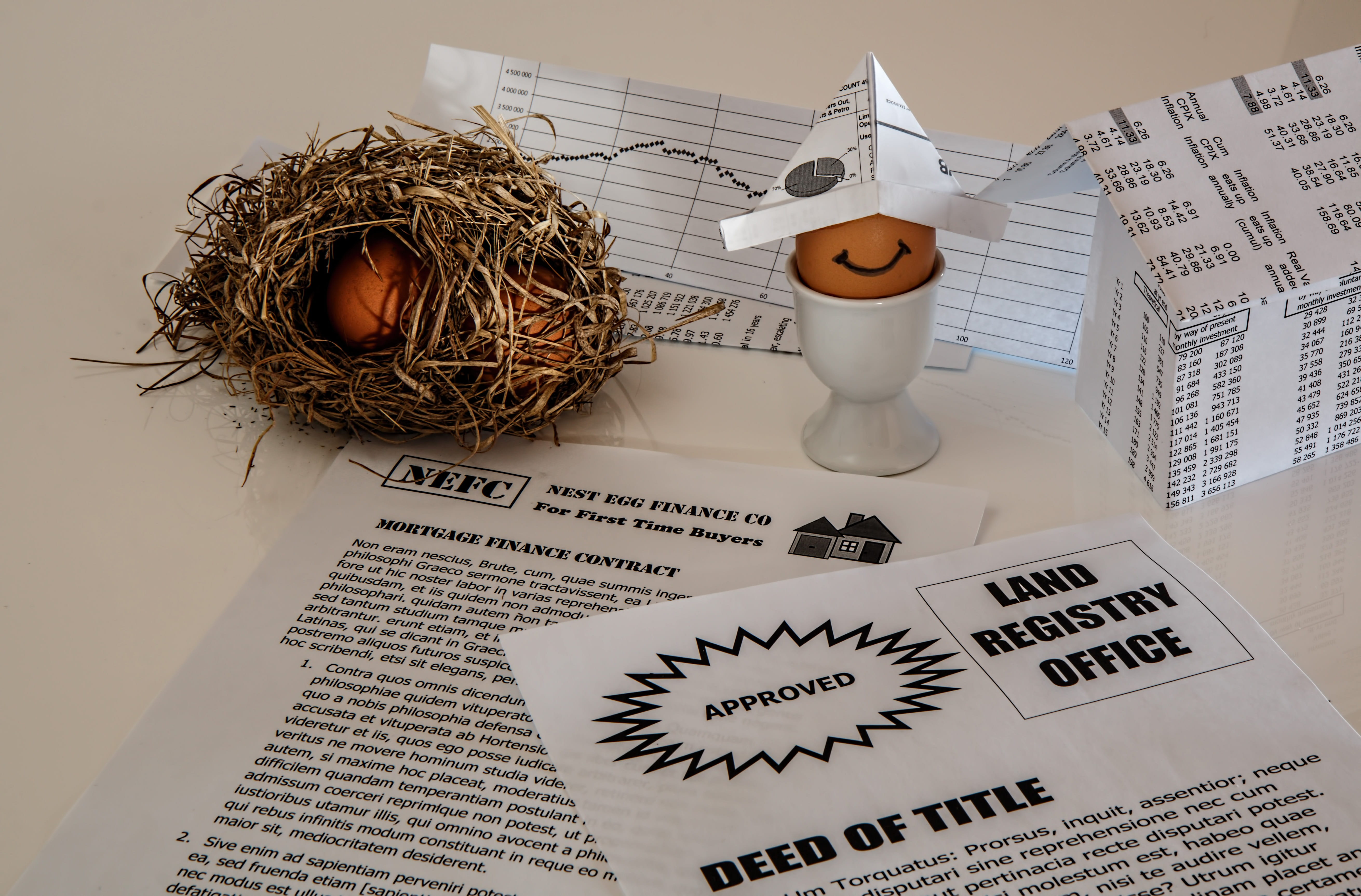 newspaper, paper, communication, lamp, no people, mortgage bond, loan, home, table, invest, egg, close-up, business, representation, document, high angle view, HD Wallpaper