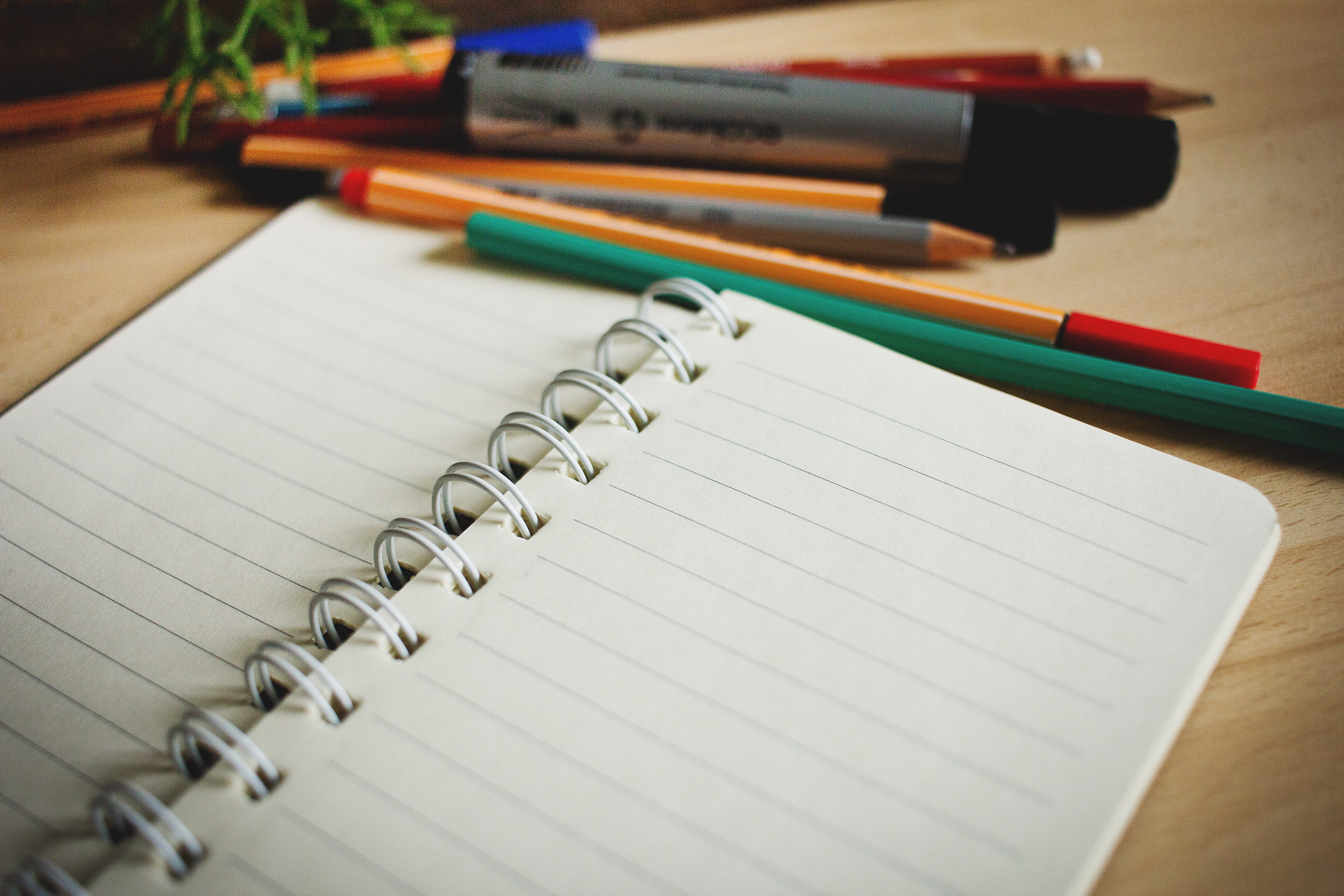 indoors, selective focus, table, office supply, note pad, 5K, pen, paper, high angle view, pencil, close-up, notebook, spiral notebook, no people, lines, HD Wallpaper