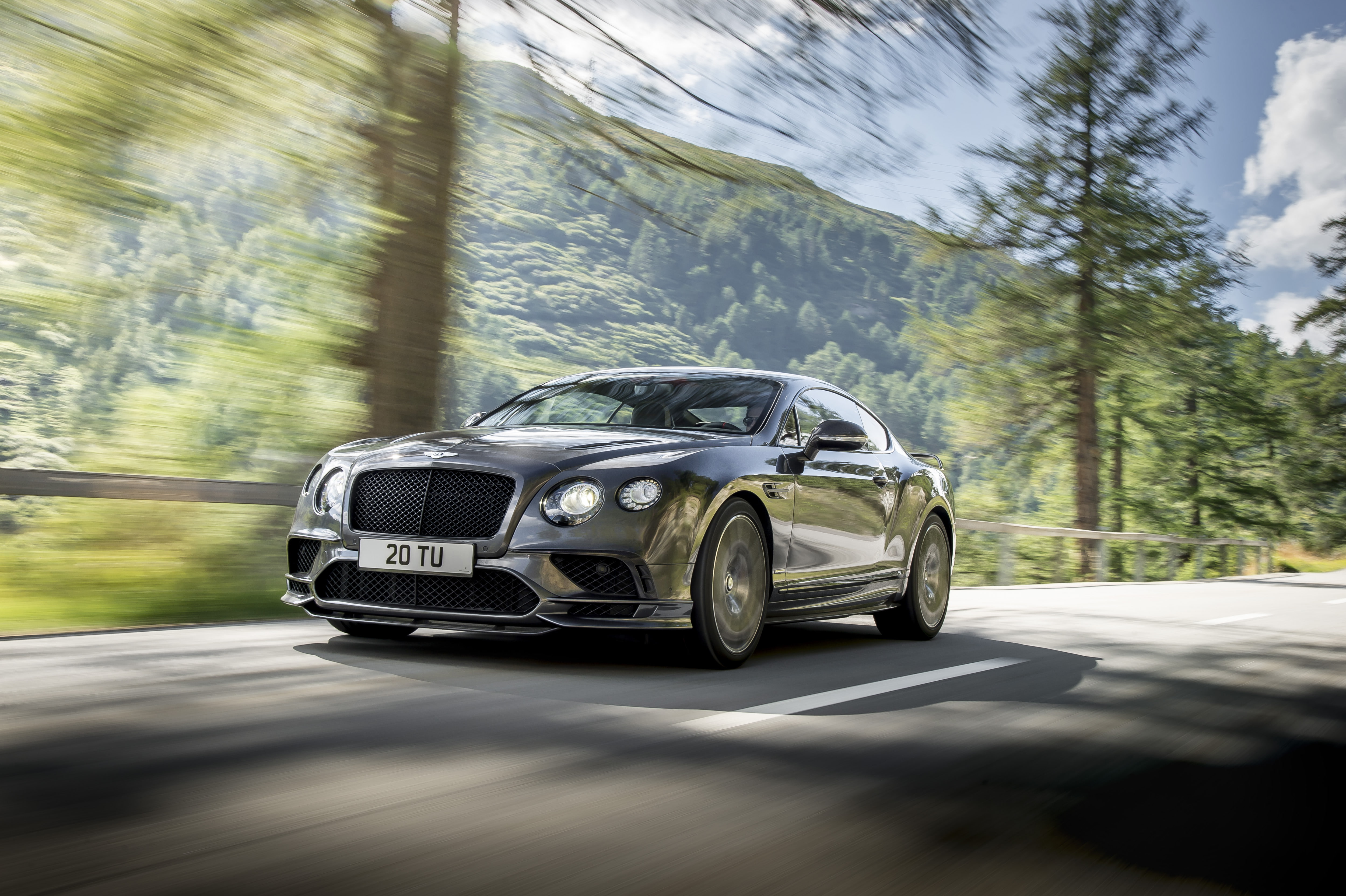 nature, silver colored, 2018, blurred motion, car, motion, transportation, day, 4K, tree, road trip, wheel, no people, shadow, 4K, Bentley Continental GT Supersports, HD Wallpaper