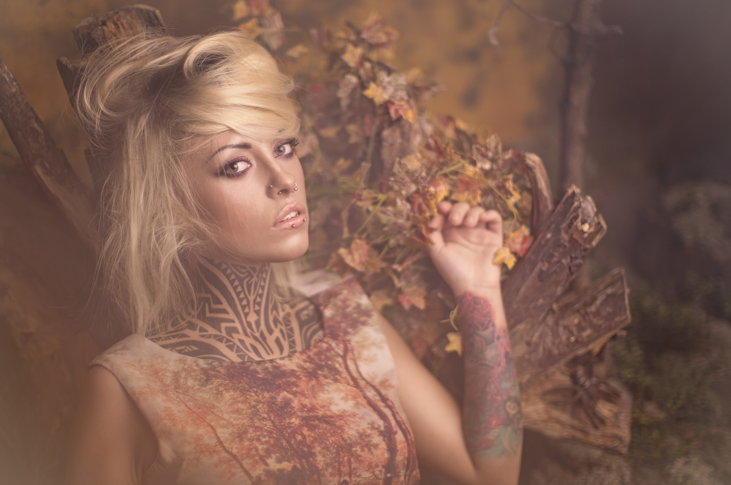 plant, hair, long hair, beauty, young women, beautiful people, looking at camera, tattoo, tree, 2K, blond hair, adult, one person, women, young adult, HD Wallpaper