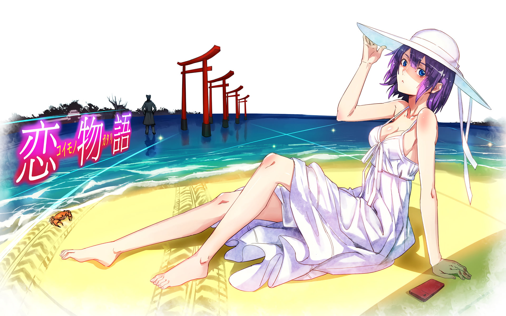 Anime, pool, vacations, women, water, trip, nature, Deishuu Kaiki, Bakemonogatari, sitting, beautiful woman, 1080P, Hitagi Senjōgahara, Monogatari (Series), HD Wallpaper