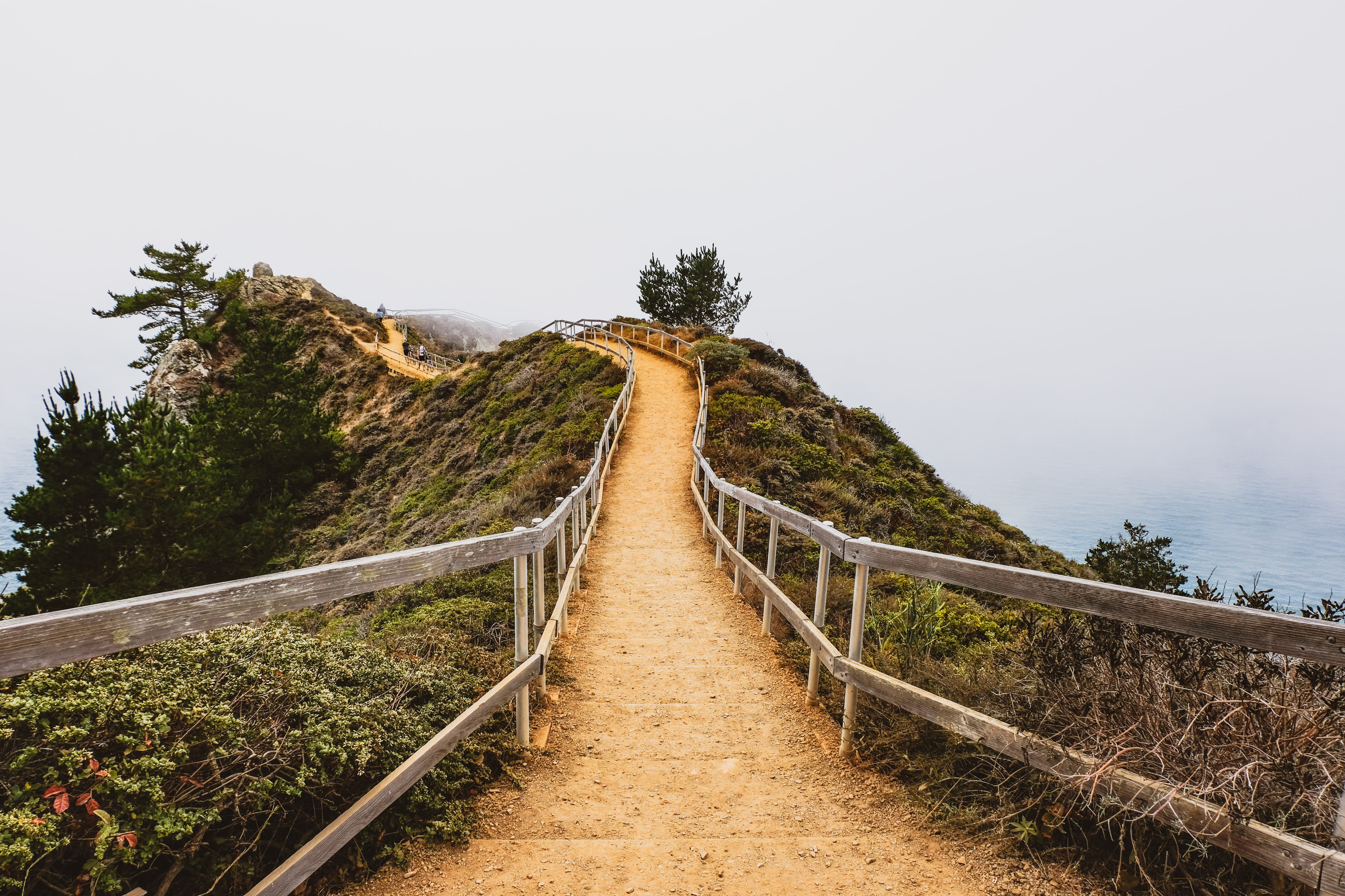 road, beauty in nature, outdoors, pathway, fog, nature, scenics - nature, direction, hill, daylight, plant, fence, diminishing perspective, footpath, no people, HD Wallpaper