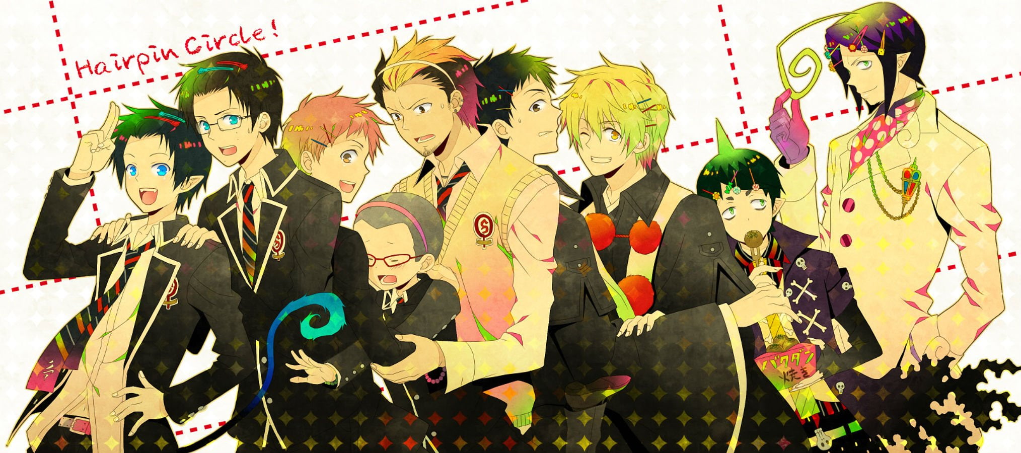 group, short, blonde, okumura, tie, blue, glasses, suguro, rin, eyes, black, male, shima, green, pointed, hair, ears, ryuji, renzou, tail, 1080P, headband, HD Wallpaper