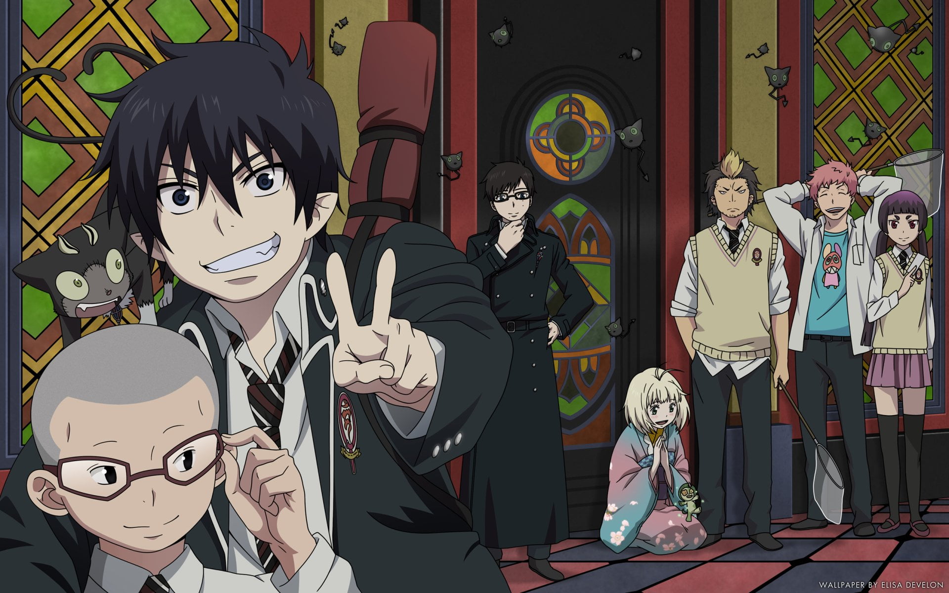 art and craft, representation, Konekomaru Miwa, Anime, Izumo Kamiki, standing, Blue Exorcist, Kuro (Ao No Exorcist), Yukio Okumura, mural, men, disguise, HD Wallpaper