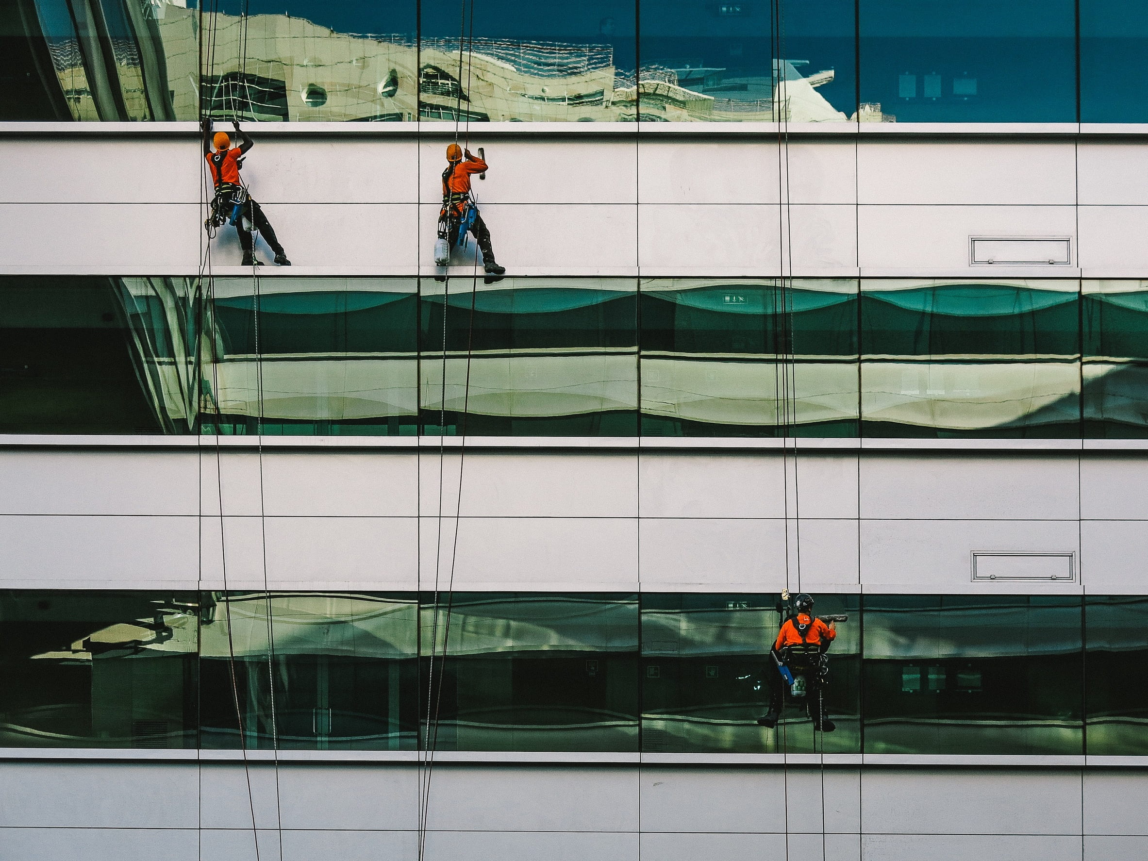 three, window, people, 1080P, workers, person, glass - material, climbing, modern, daytime, office building exterior, architecture, contractors, outdoors, HD Wallpaper