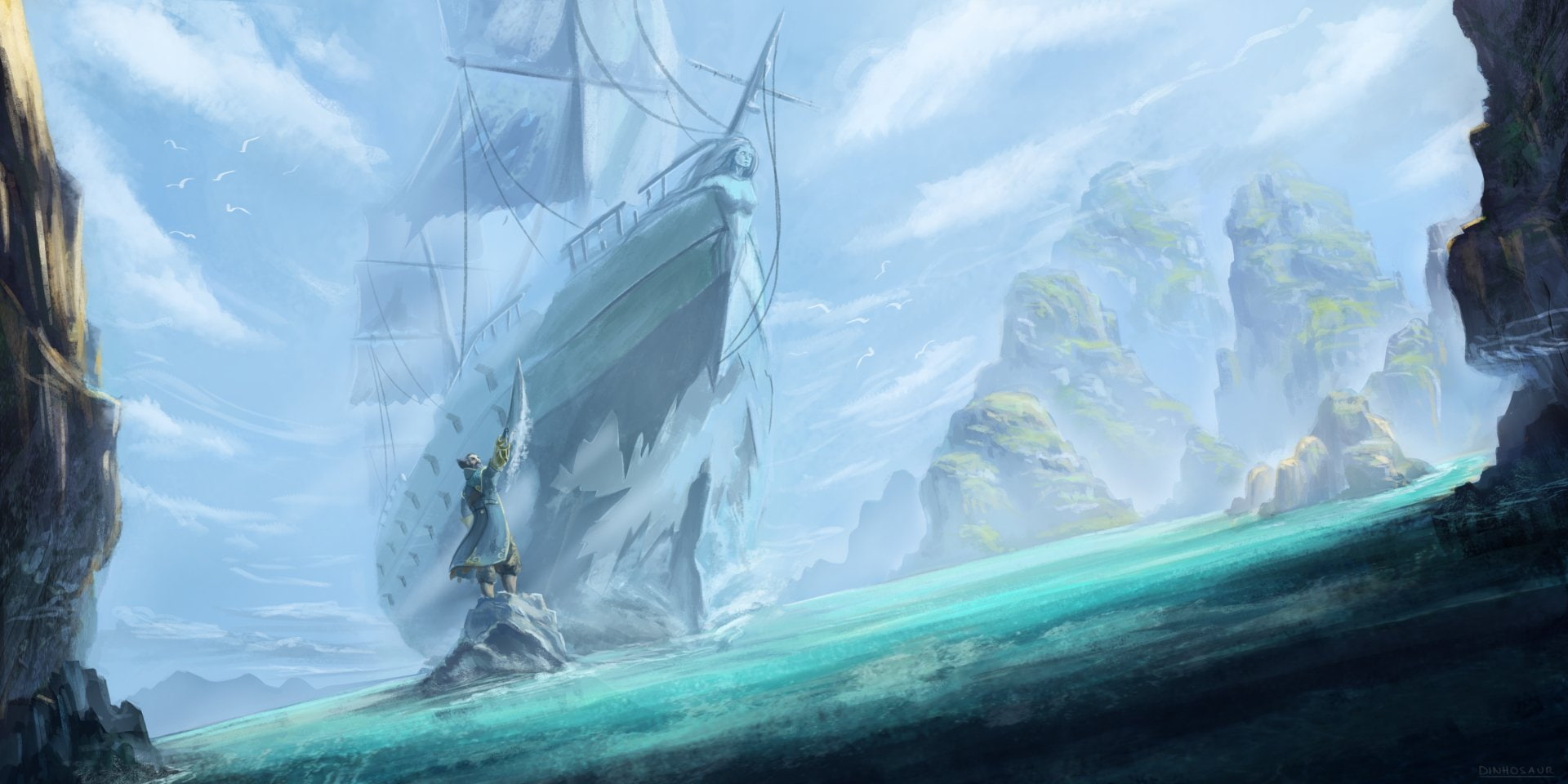 DotA 2, galleon, Kunkka (DotA 2), gray, 1080P, illustration, ship, Dota, brown, HD Wallpaper