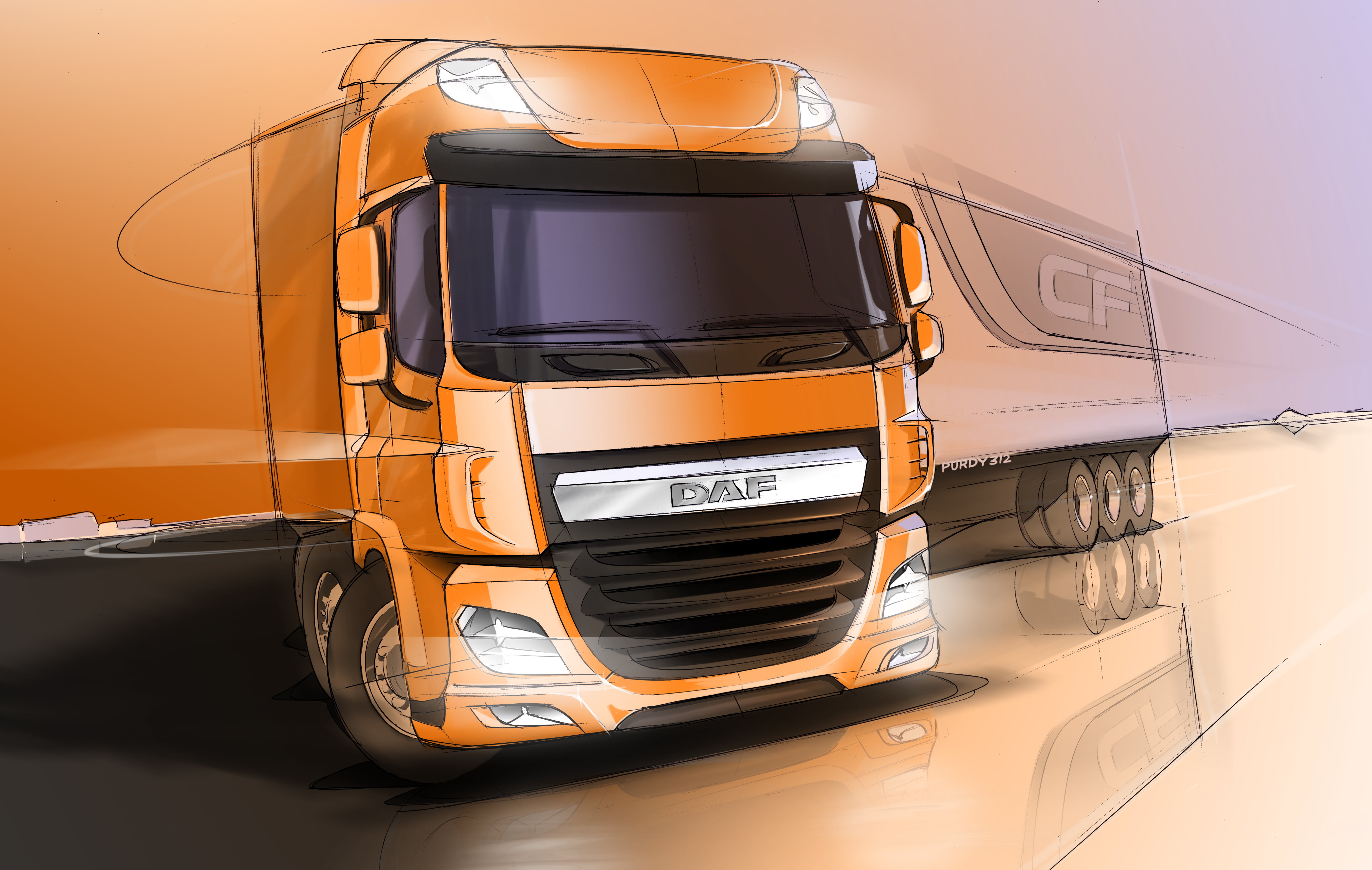 the trailer, 5K, sketch, DAF CF, tractor, figure, DAF, the sketch, HD Wallpaper
