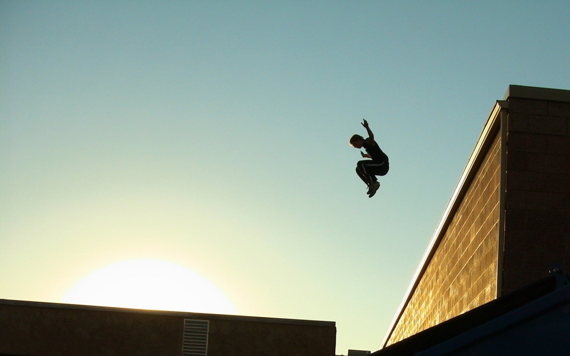 vitality, one person, mid-air, low angle view, stunt, Sports, sport, motion, outdoors, jumping, silhouette, built structure, architecture, day, leisure activity, HD Wallpaper