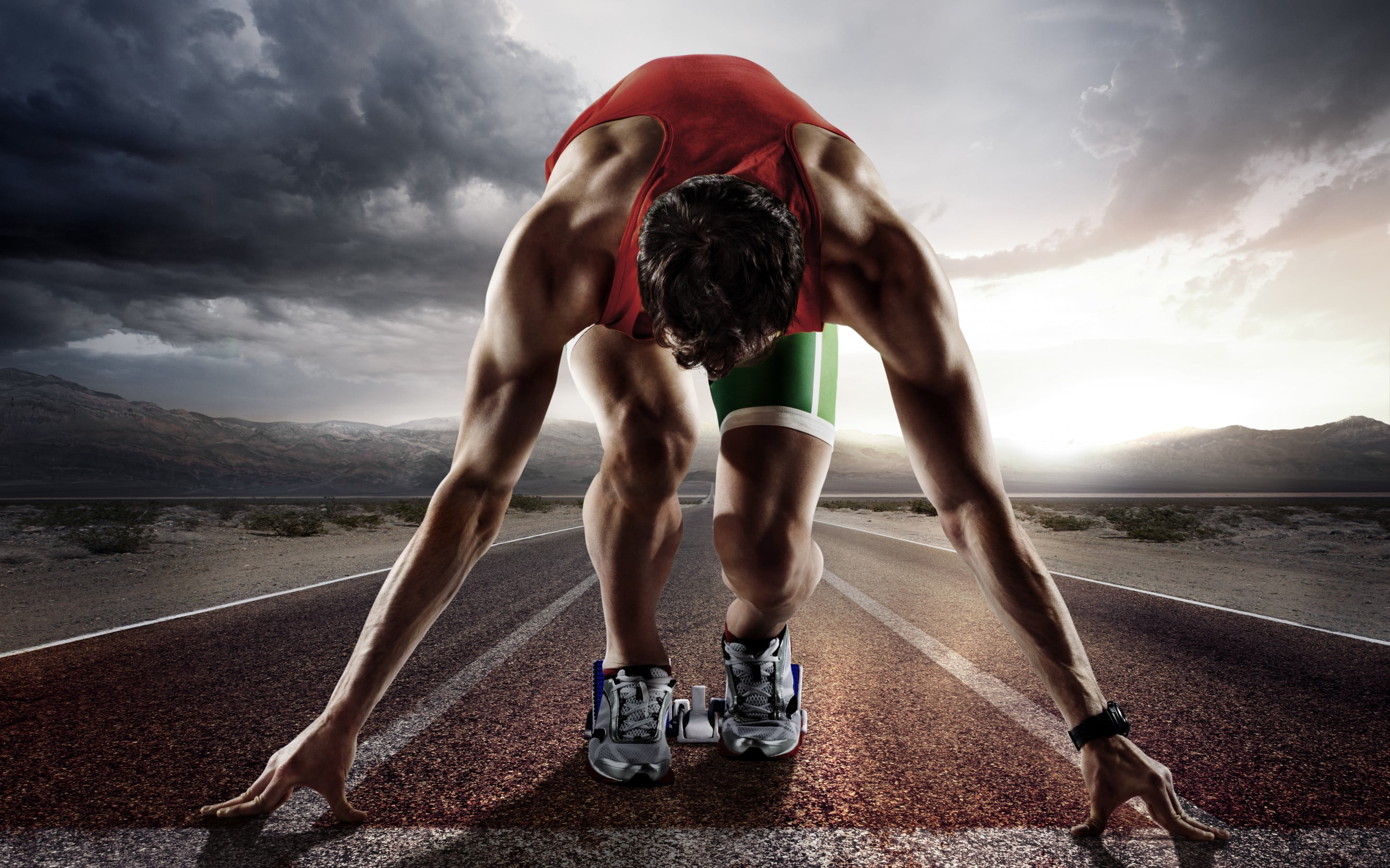 determination, track and field, strength, red, men, cloud - sky, nature, effort, pose, sports clothing, exercising, running track, rear view, sport, 2K, HD Wallpaper