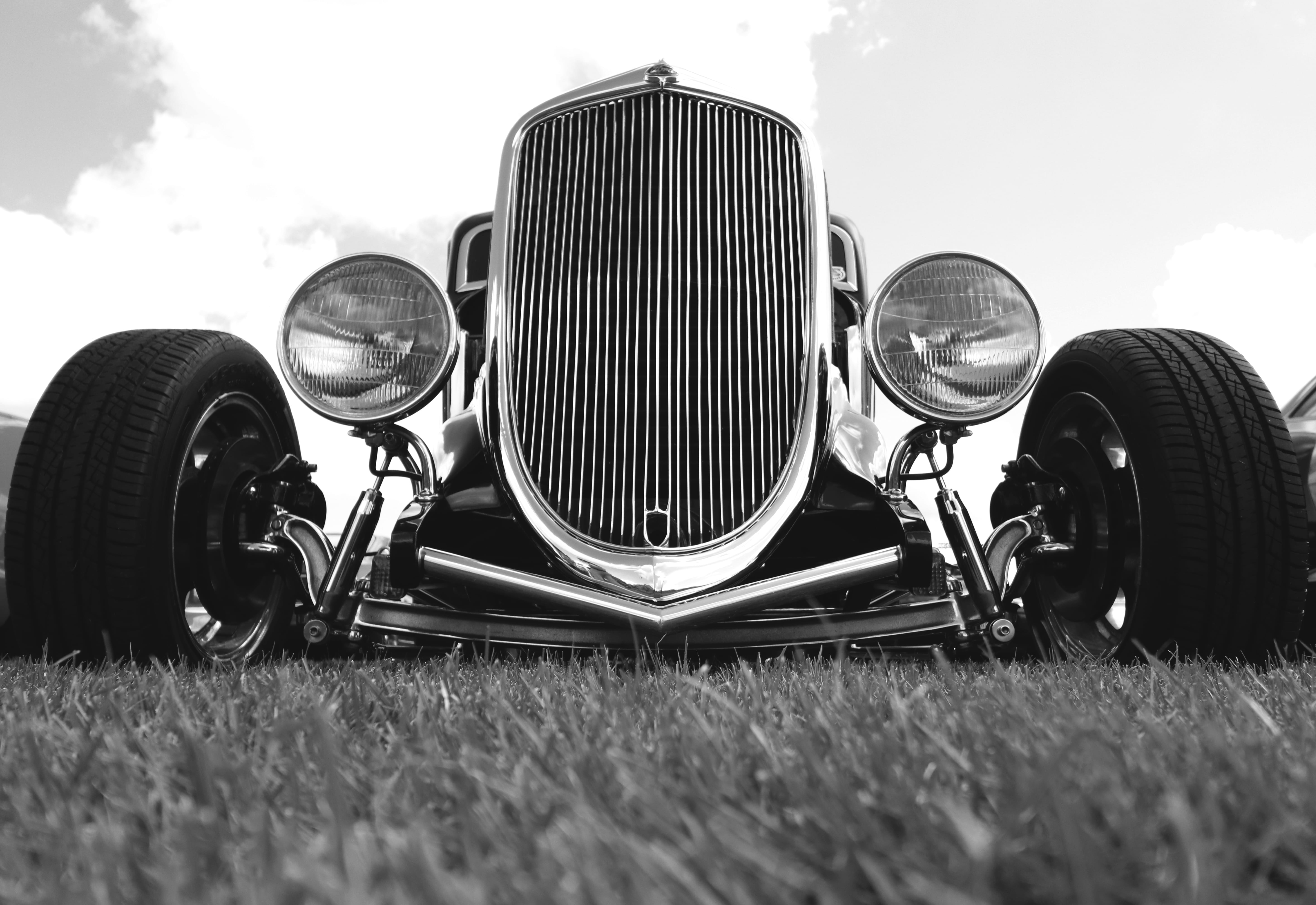 hot rod, no people, land, stationary, old cars, 5K, day, headlight, retro styled, nature, metal, wide angle, close-up, field, outdoors, grass, transportation, HD Wallpaper