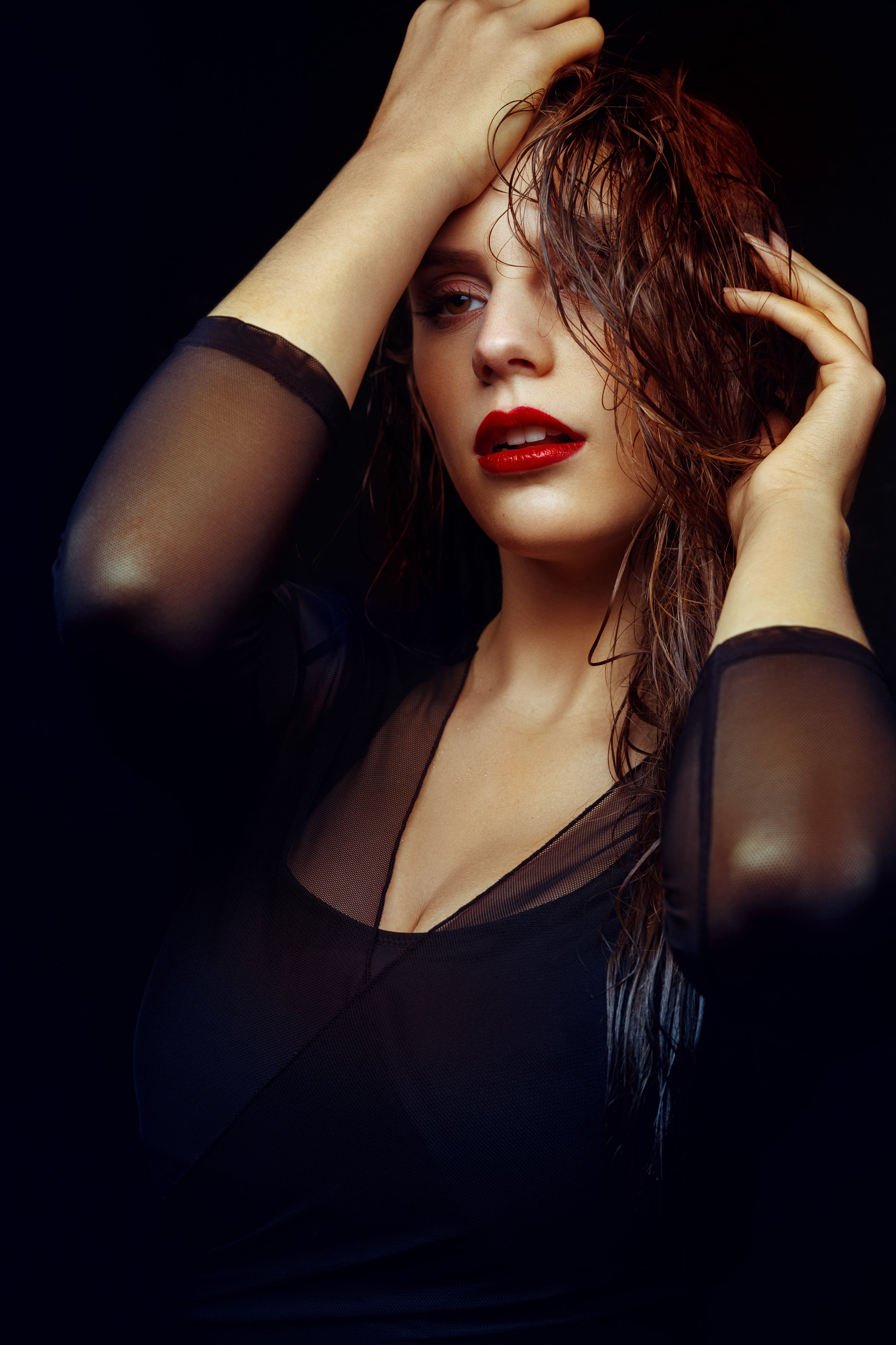 Gareth Bailey, brunette, lipstick, 4K, red lipstick, women, eyes, model, brown eyes, Phone HD Wallpaper