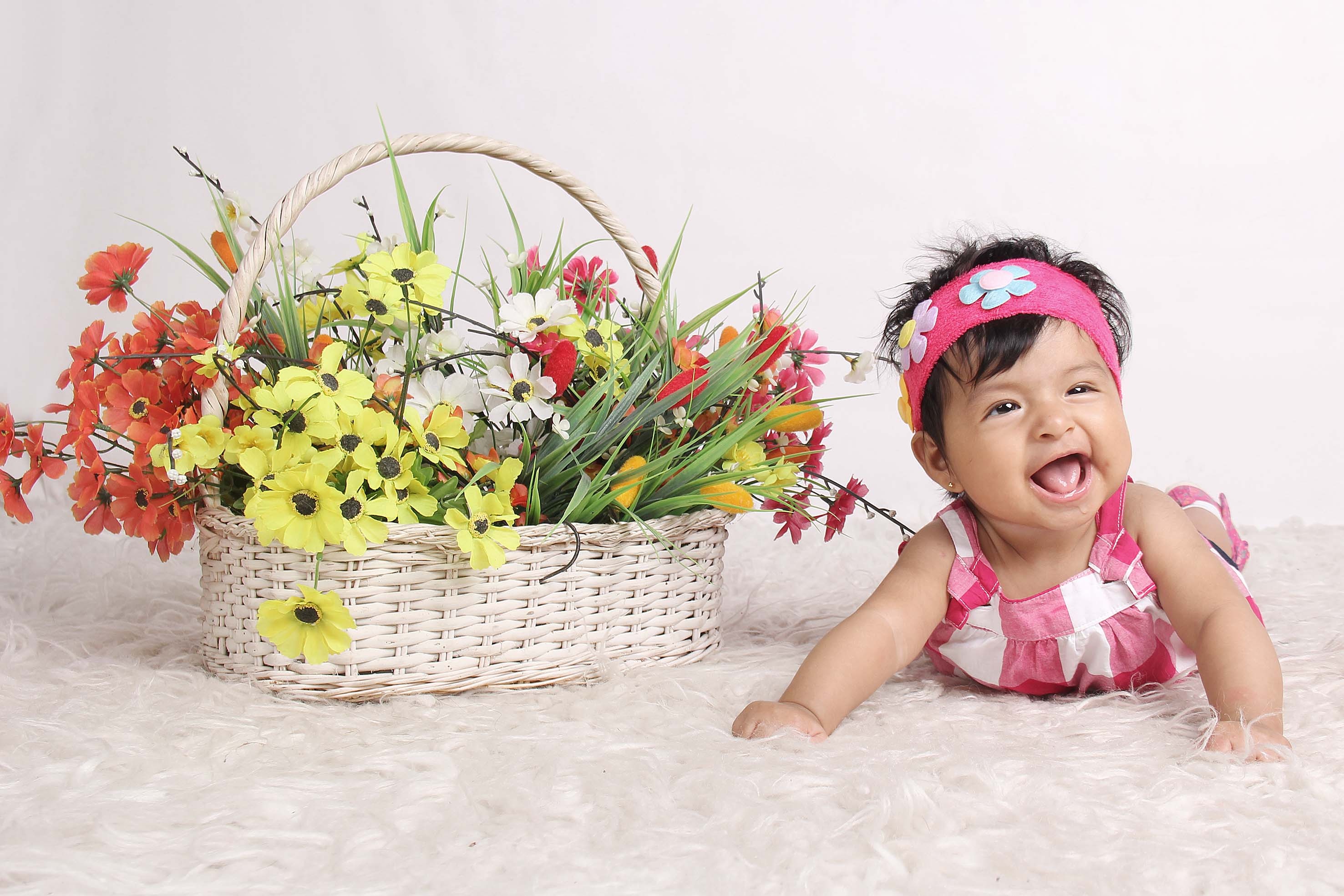 looking at camera, happy, girls, happiness, innocence, front view, flowers, people, beside, basket, smiling, 2K, young, cute, baby Girls, fun, baby, real people, HD Wallpaper