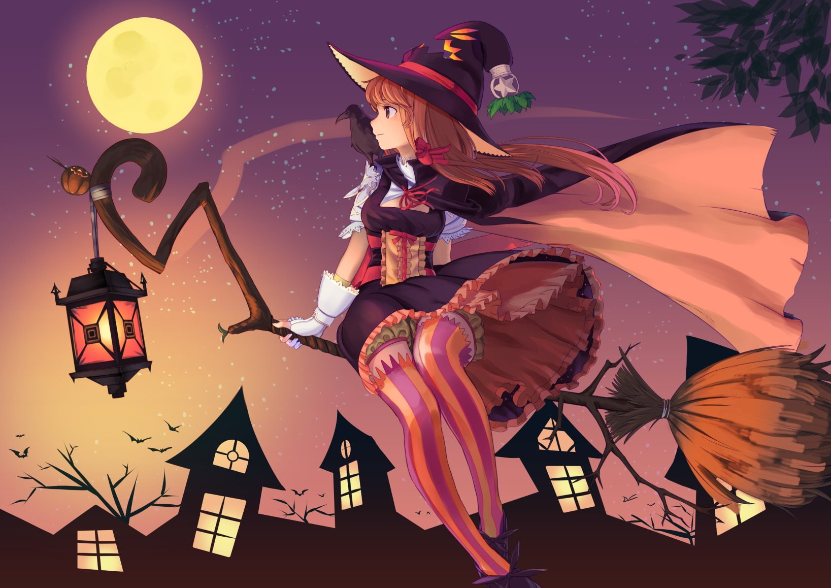 thighhighs, original, witch, eyes, halloween, bat, 720P, gloves, animal, hair, long, brown, bloomers, leaves, ribbons, moon, dress, hat, bird, HD Wallpaper