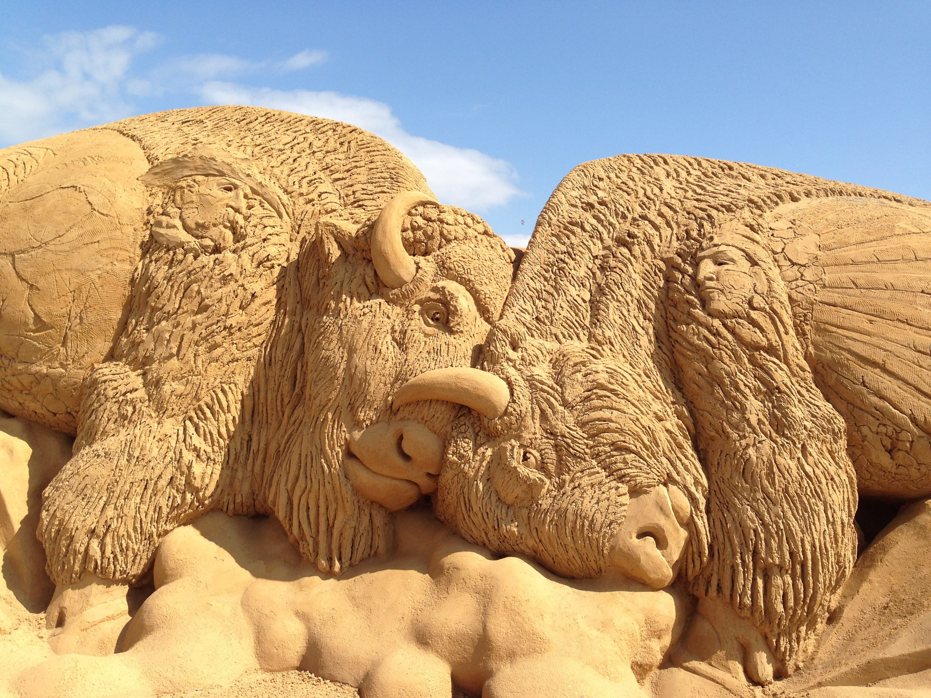 craft, Sculpture, nature, sky, construction, mammal, Buffalo, rock, representation, day, art and craft, no people, art, Statue, design, outdoors, solid, HD Wallpaper