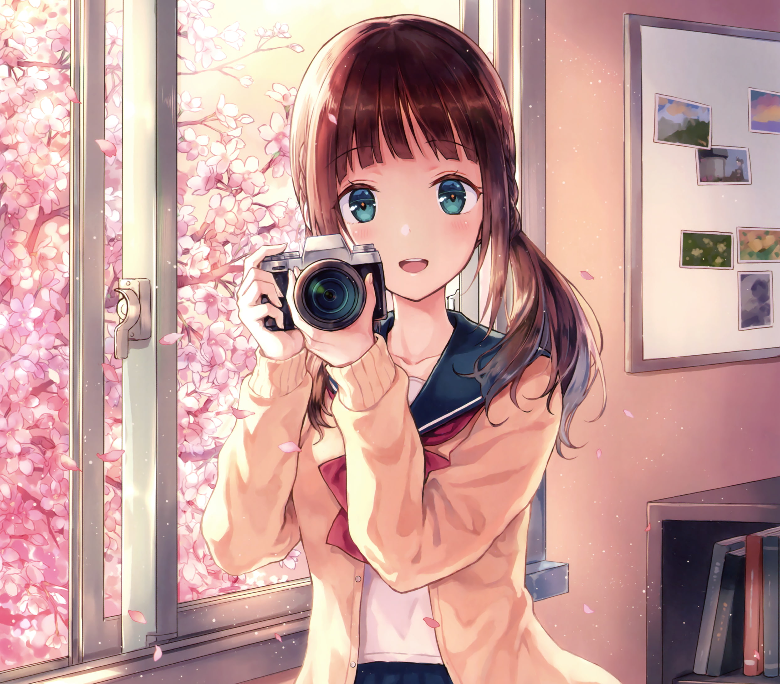 looking at camera, green eyes, obscured face, cherry blossom, digital camera, 1080P, childhood, anime, brunette, original characters, females, technology, HD Wallpaper