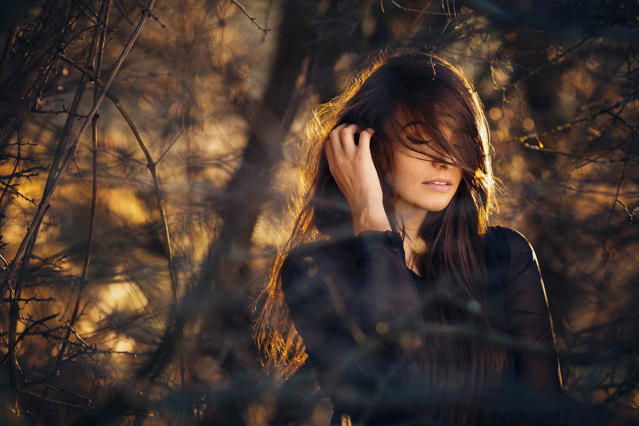 women, hair in face, nature, hands on head, women outdoors, 1080P, closed eyes, model, portrait, brunette, twigs, HD Wallpaper