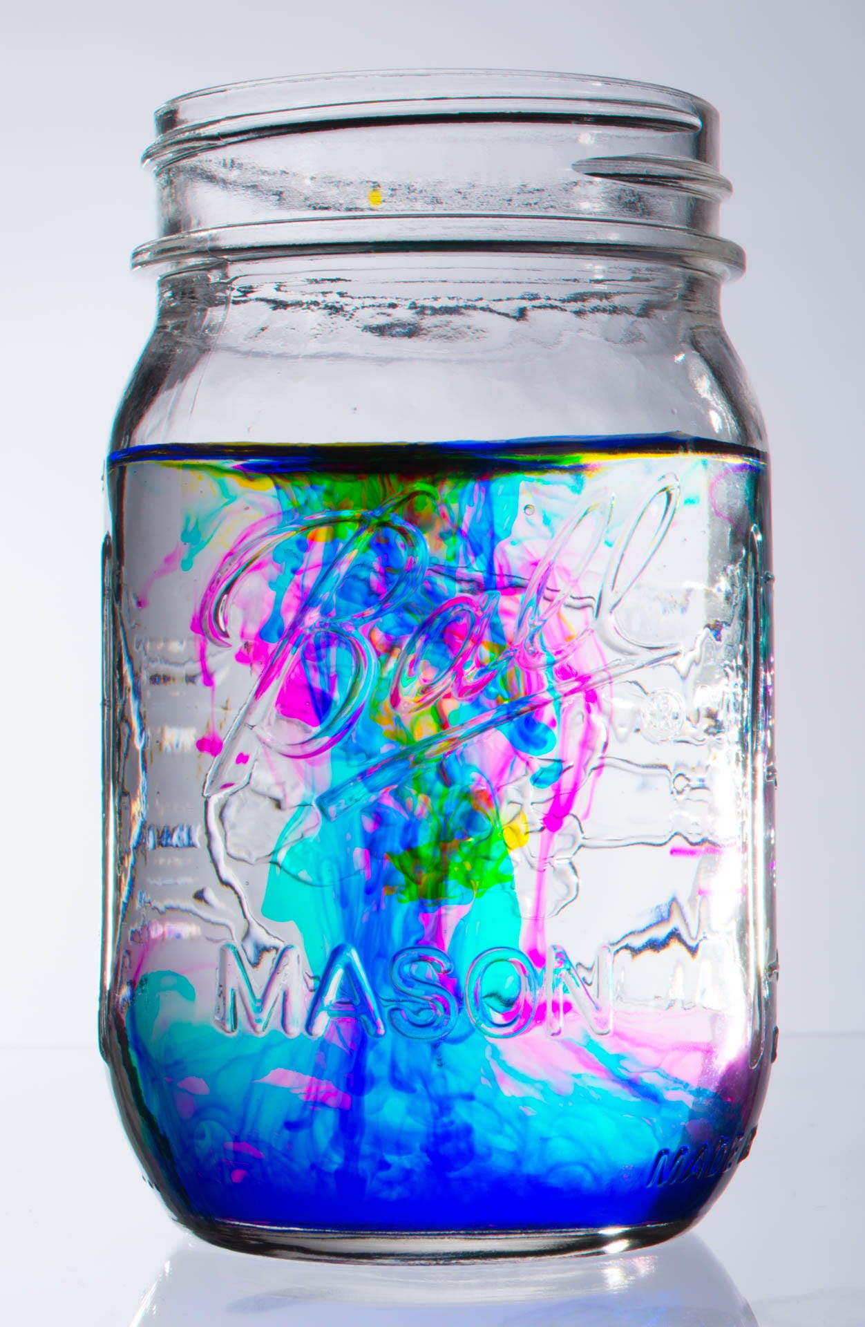 table, green, close-up, multi colored, clear, transparent, mason, ball jar, Ball, cut out, Mason jar, food coloring, blue, jar, still life, swirl, nature, Phone HD Wallpaper