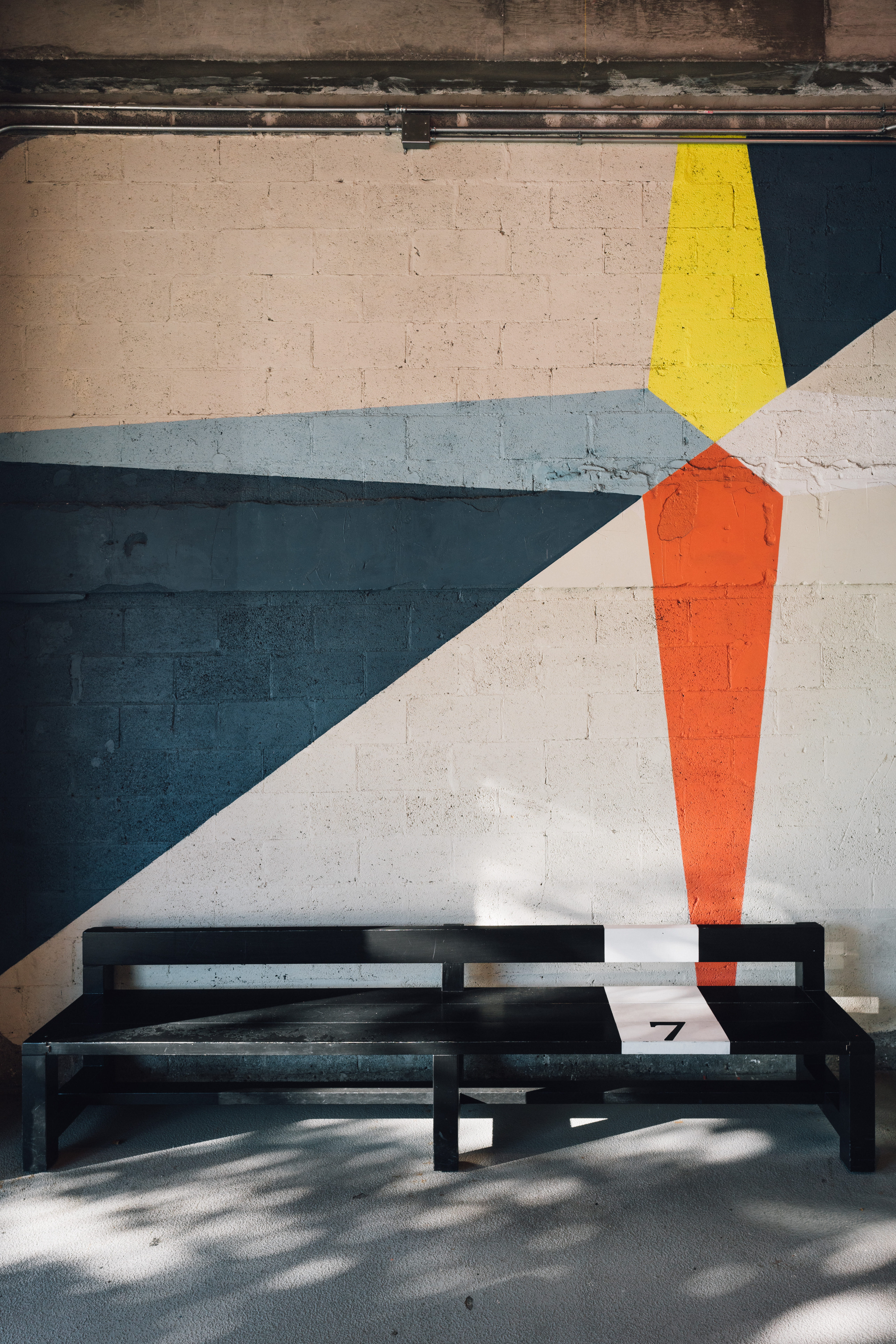 sunlight, railing, architecture, staircase, street art, brickwall, bench, shadow, built structure, yellow, 7, wooden, sign, white color, blue, near, chair, Phone HD Wallpaper