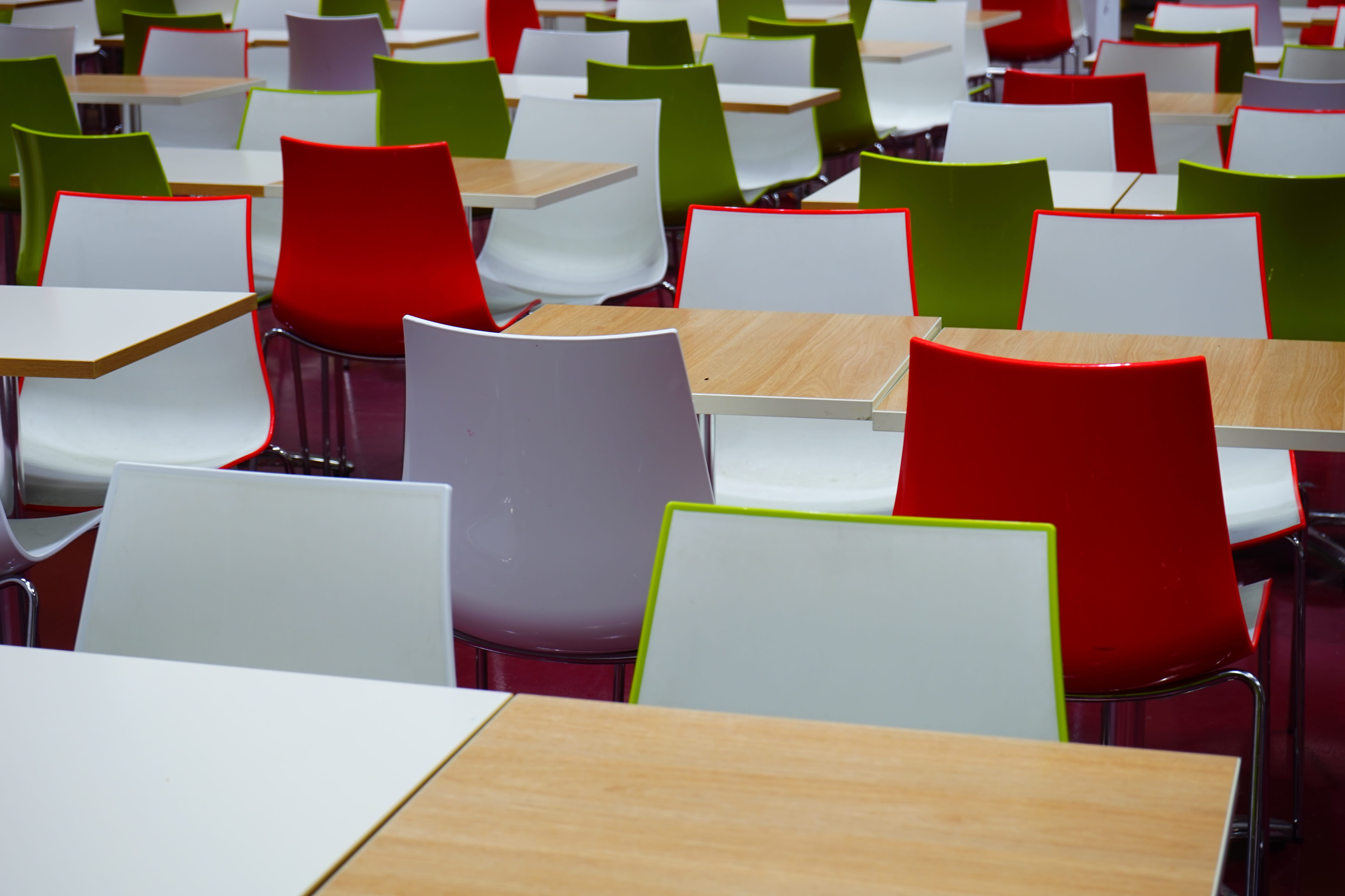 Seating, Dining, table, indoors, arrangement, side by side, repetition, still life, red, green, seating area, Area, large group of objects, absence, no people, HD Wallpaper