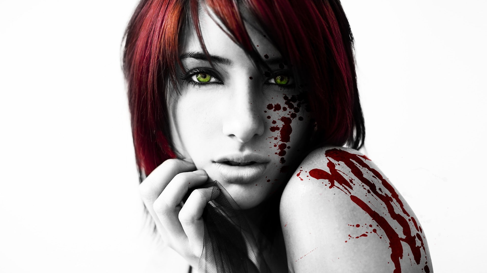 horror, fear, young women, fashion, hairstyle, human face, 1080P, red, looking at camera, human body part, evil, face, Susan Coffey, women, adult, one person, HD Wallpaper