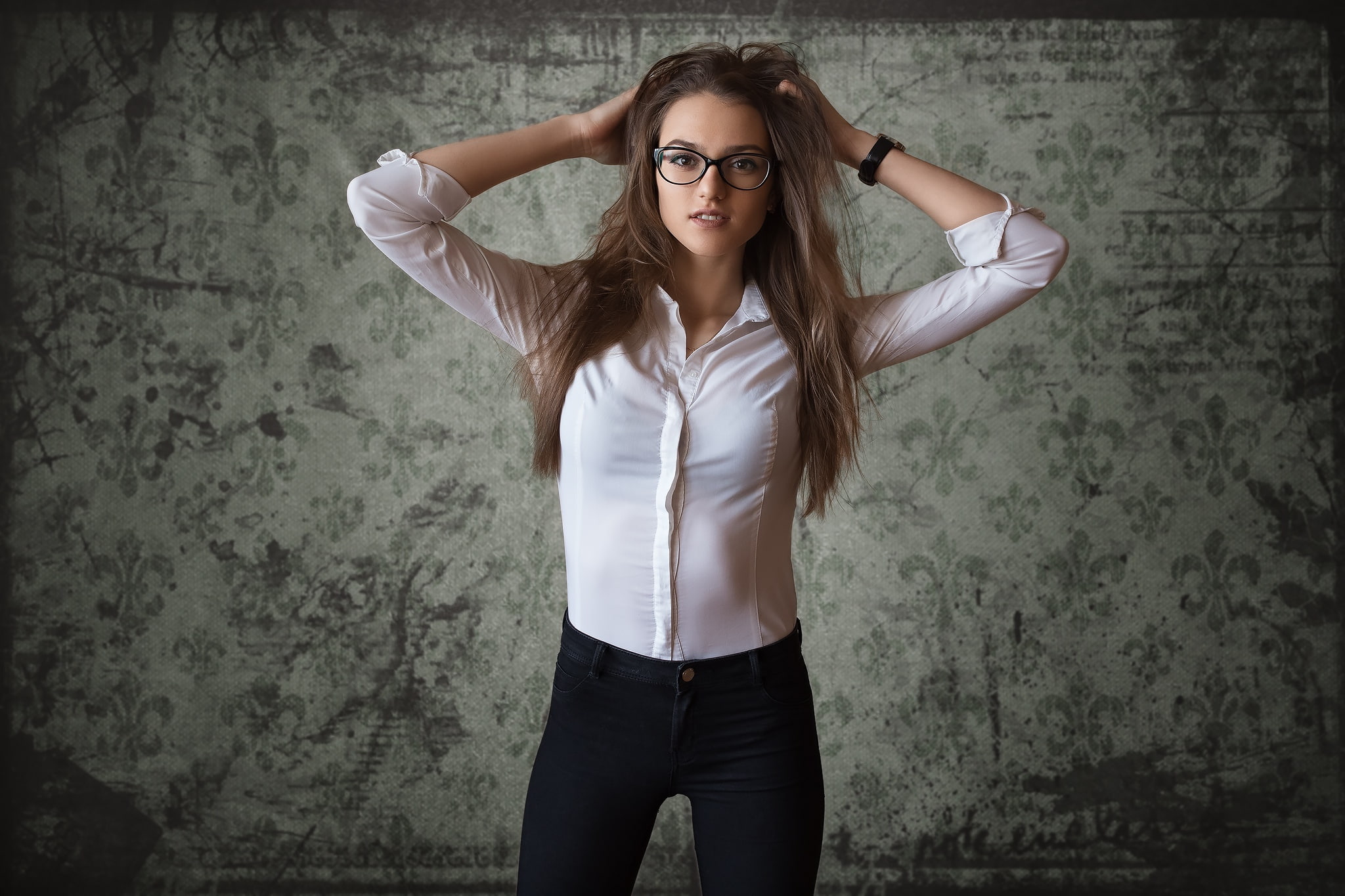 women, brunette, hands on head, shirt, Dmitry Shulgin, looking at viewer, indoors, model, women indoors, jeans, 1080P, women with glasses, portrait, watch, HD Wallpaper