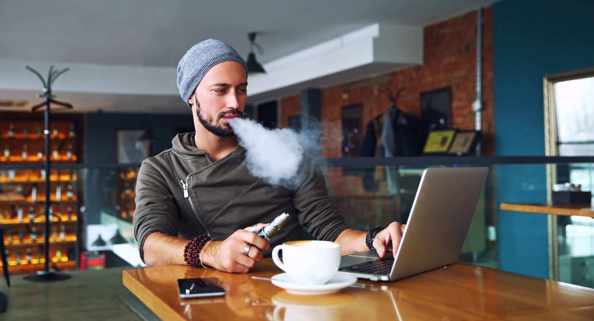 smoke, notebook, 1080P, man, cell phone, electronic cigarette, wool hat, HD Wallpaper