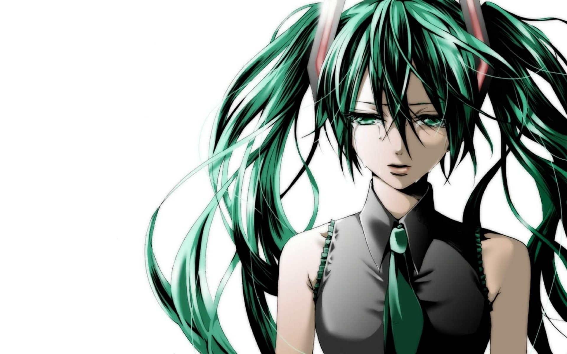 twintails, close-up, human representation, white background, standing, Hatsune Miku, young women, Vocaloid, 1080P, obscured face, one person, front view, HD Wallpaper