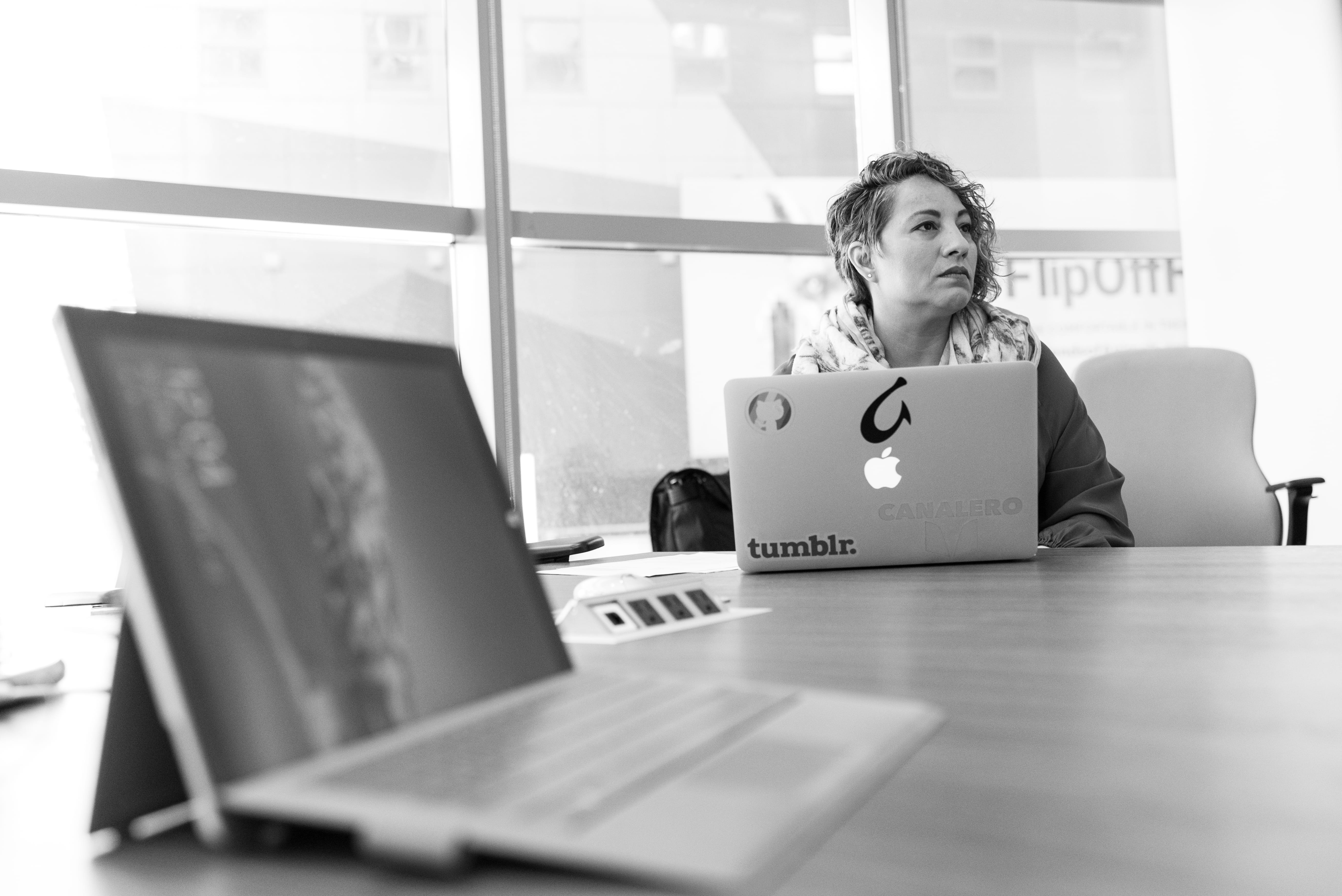 laptop, employee, person, work, business, furniture, occupation, computer, grayscale, sit, chair, table, laptops, working, indoors, adult, window, sitting, HD Wallpaper