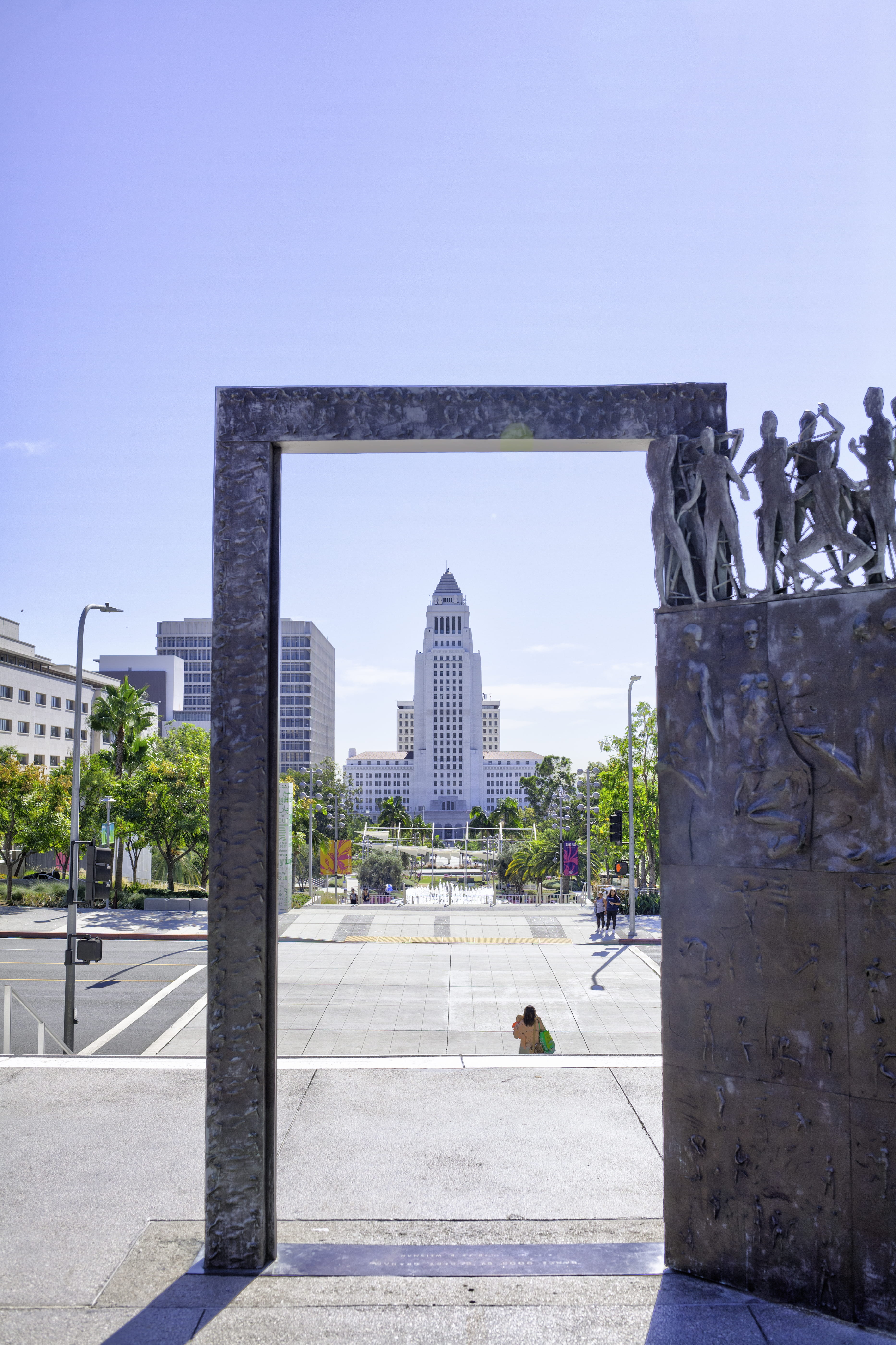 clear sky, incidental people, real people, outdoors, hdr, united states, tree, travel destinations, city, sky, city hall, modern, building exterior, dtla, Phone HD Wallpaper